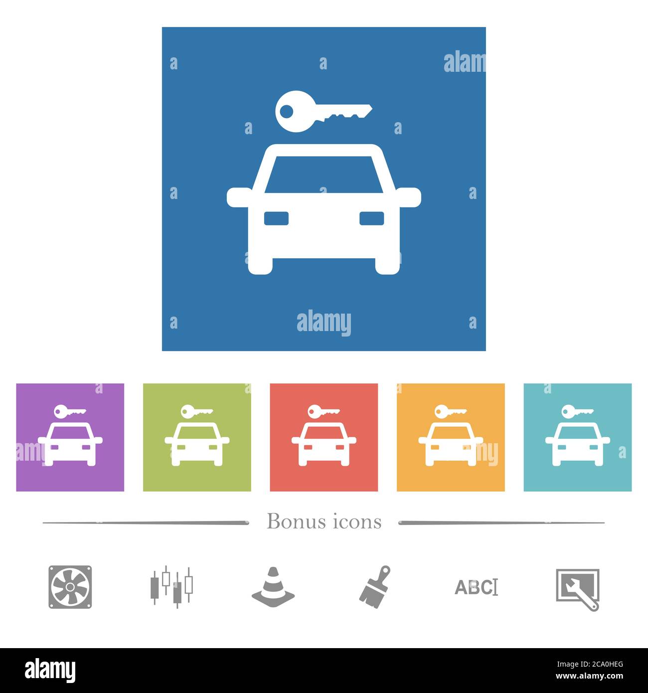 Car rental flat white icons in square backgrounds. 6 bonus icons ...
