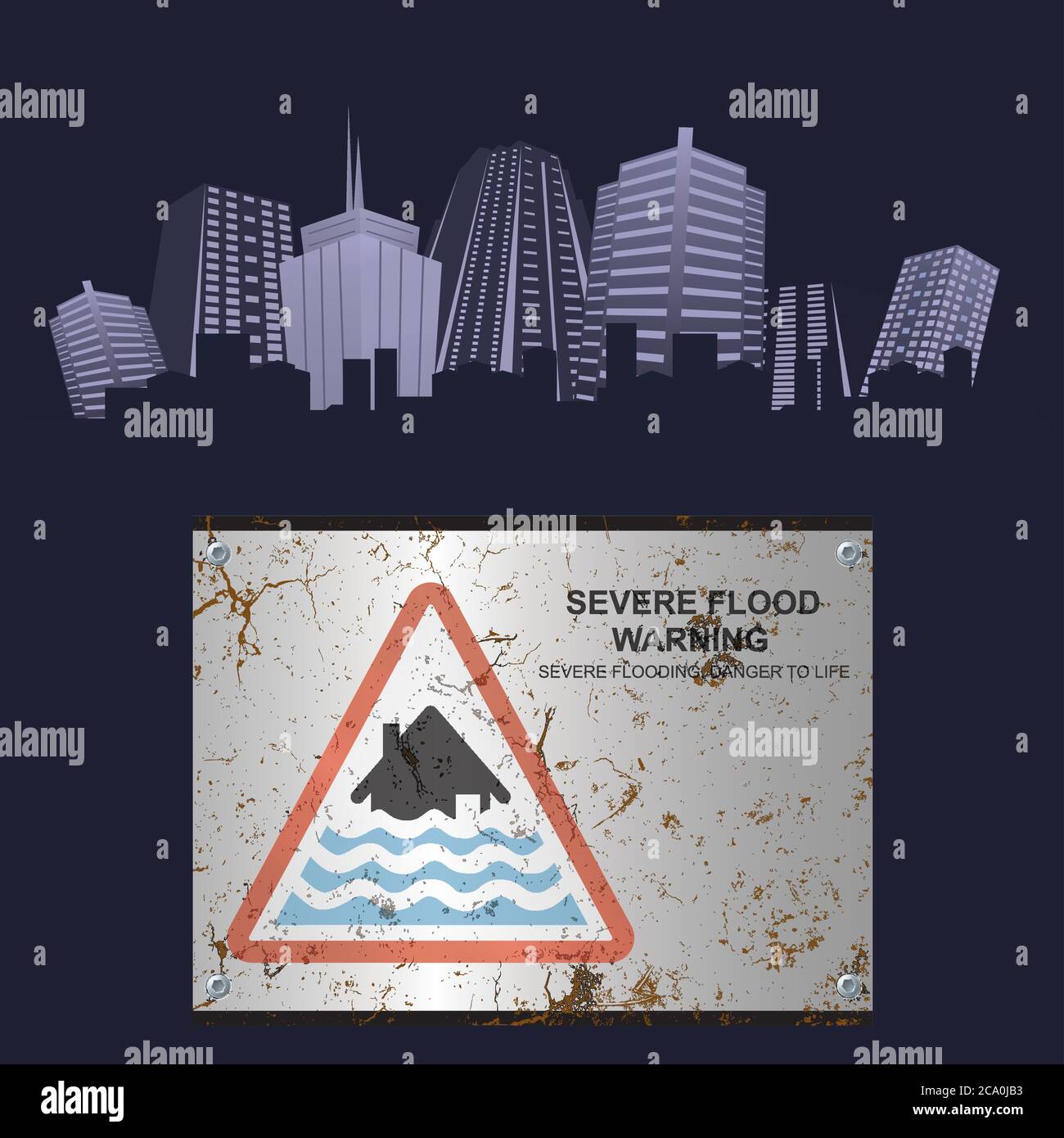 Corroded rusty metal severe flood warning danger to life sign on generic city background Stock Vector
