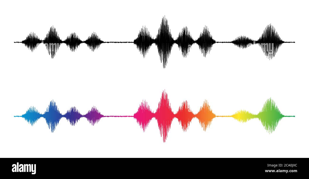 Sound wave. Silhouette and rainbow colours waveform. Frequency amplifier illustration. Audio, diagram. Wave background or equalizer pulse abstract pat Stock Vector