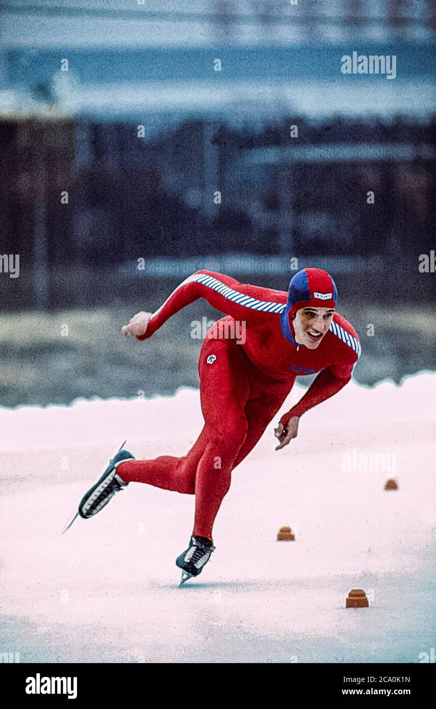 Speed skater Eric Heiden (USA) training at the Wisconsin Olympic Ice Rink in West Allis, Wisconsin prior to the 1980 Olympic Winter Games Stock Photo