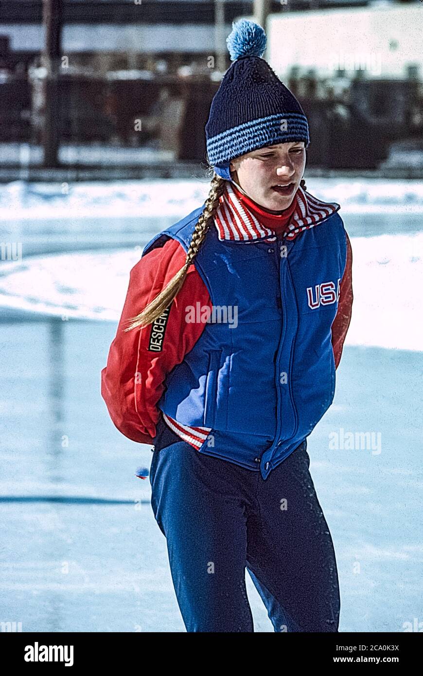 Speed skater Beth Heiden (USA) training at the Wisconsin Olympic Ice Rink in West Allis, Wisconsin prior to the 1980 Olympic Winter Games Stock Photo