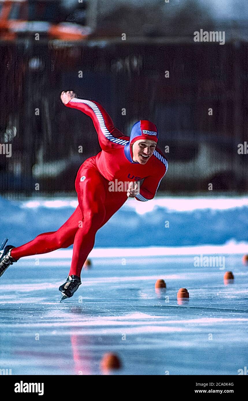 Speed skater Eric Heiden (USA) training at the Wisconsin Olympic Ice Rink in West Allis, Wisconsin prior to the 1980 Olympic Winter Games Stock Photo