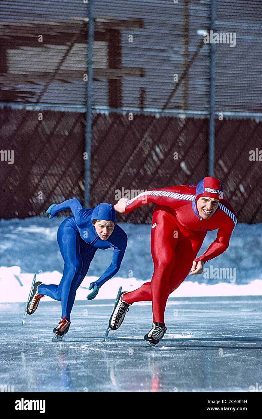Speed skater Eric Heiden (USA) and sister Beth Heiden training at the Wisconsin Olympic Ice Rink in West Allis, Wisconsin prior to the 1980 Olympic Winter Games Stock Photo