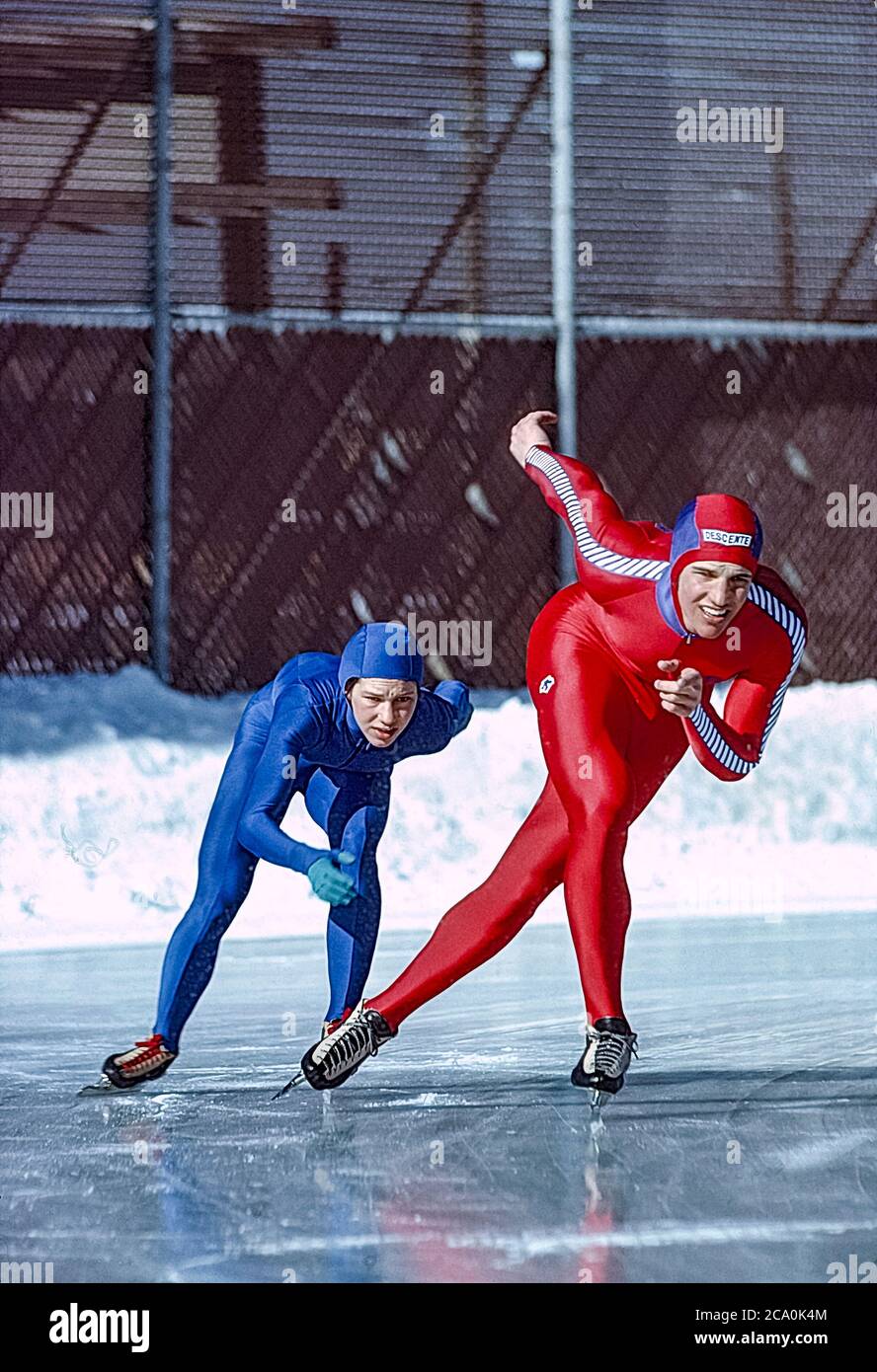 Speed skater Eric Heiden (USA) and sister Beth Heiden training at the Wisconsin Olympic Ice Rink in West Allis, Wisconsin prior to the 1980 Olympic Winter Games Stock Photo