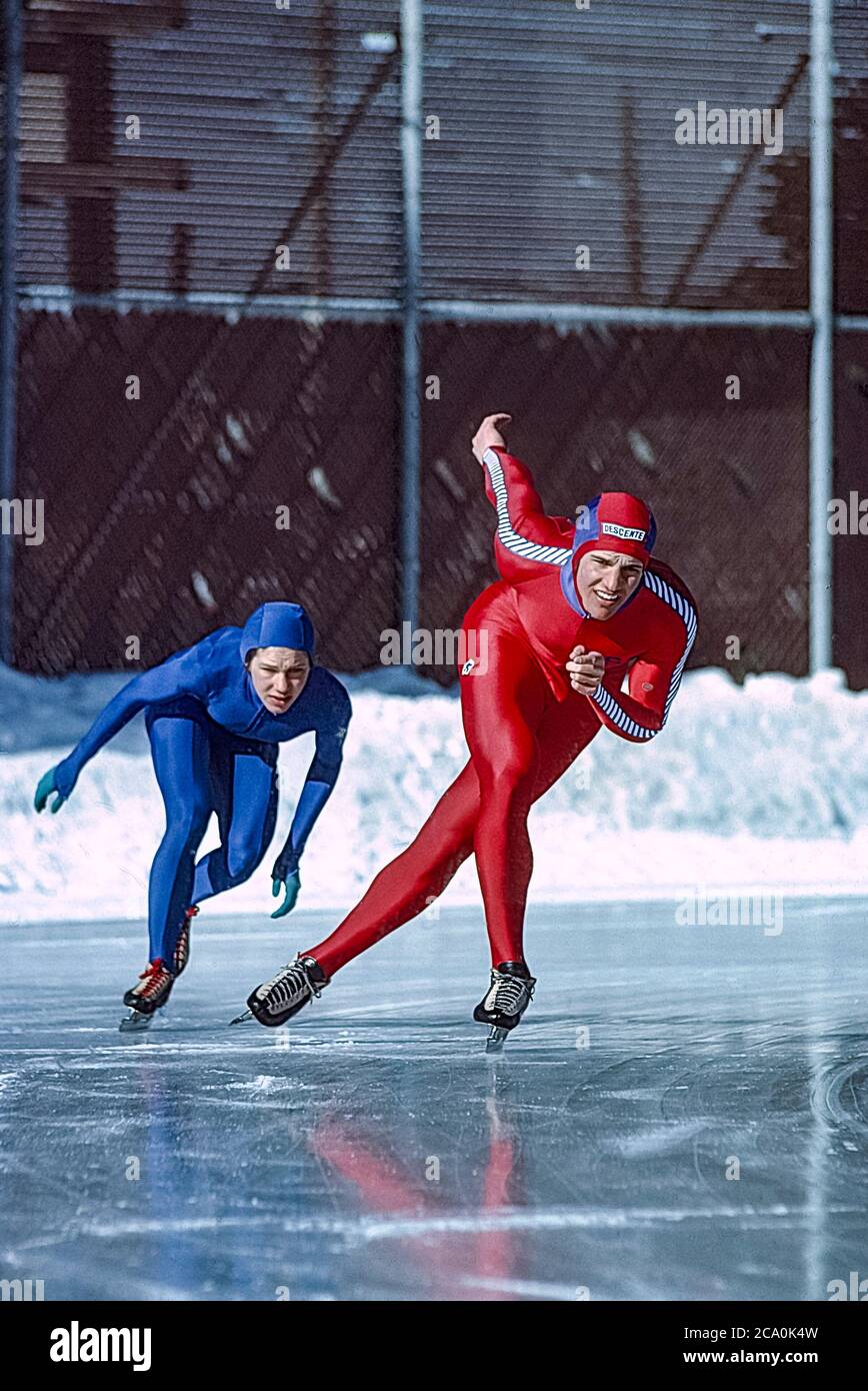 Speed skater Eric Heiden (USA) and sister Beth Heiden training at the Wisconsin Olympic Ice Rink in West Allis, Wisconsin prior to the 1980 Olympic Winter Games Stock Photo