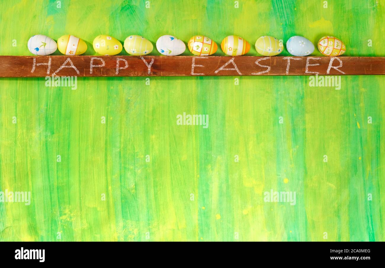 row of multicolored easter eggs, easter decoration mock up ,free copy space Stock Photo