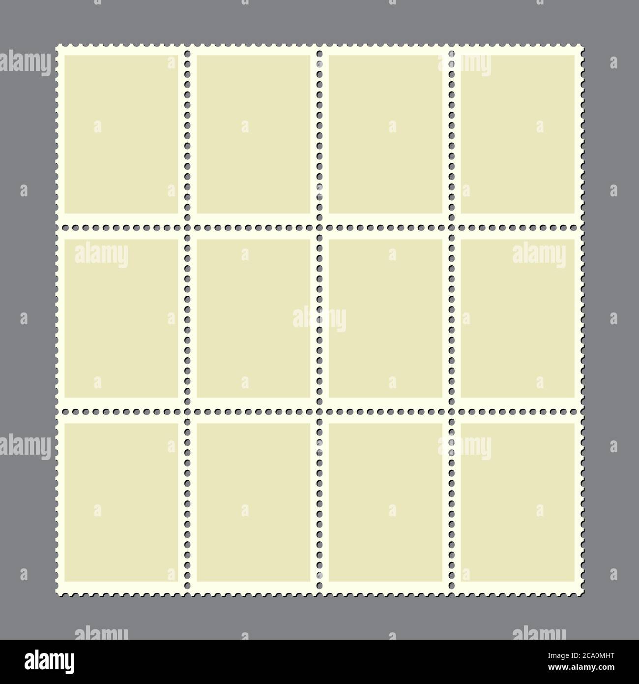 Postage marks set. Sheet of 12 blank postal stamps for postcard or envelopes. Vintage empty stamp with perforated edge for letter. Retro border or fra Stock Vector