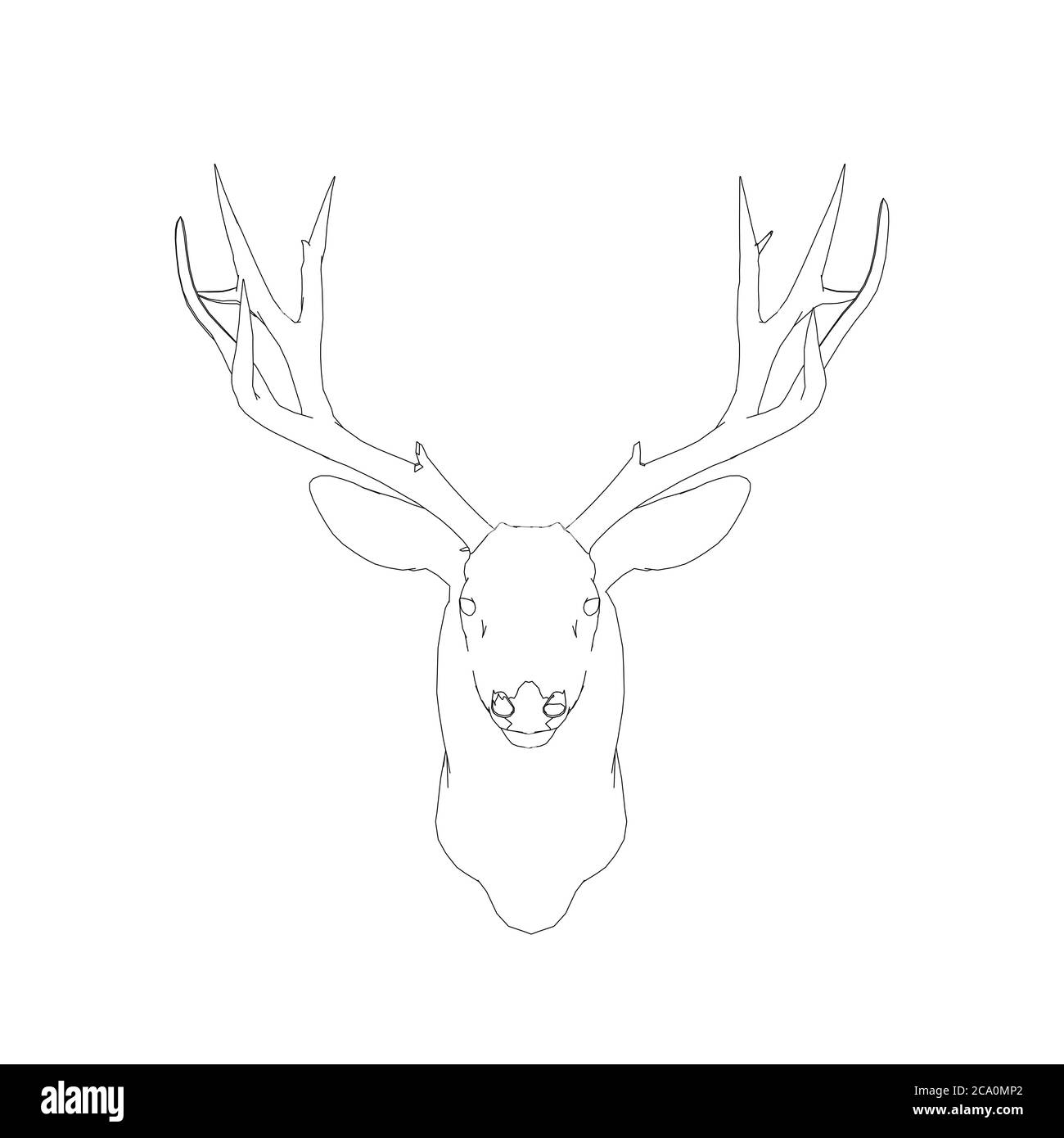Deer head contour with large antlers made of black lines on a white background. Front view. Vector illustration. Stock Vector