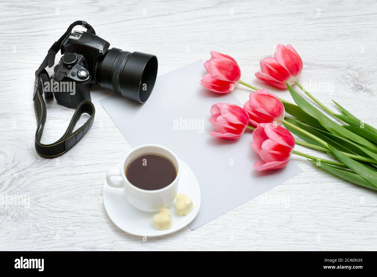 Photo camera, mug of coffee and pink tullips. Wooden  background Stock Photo