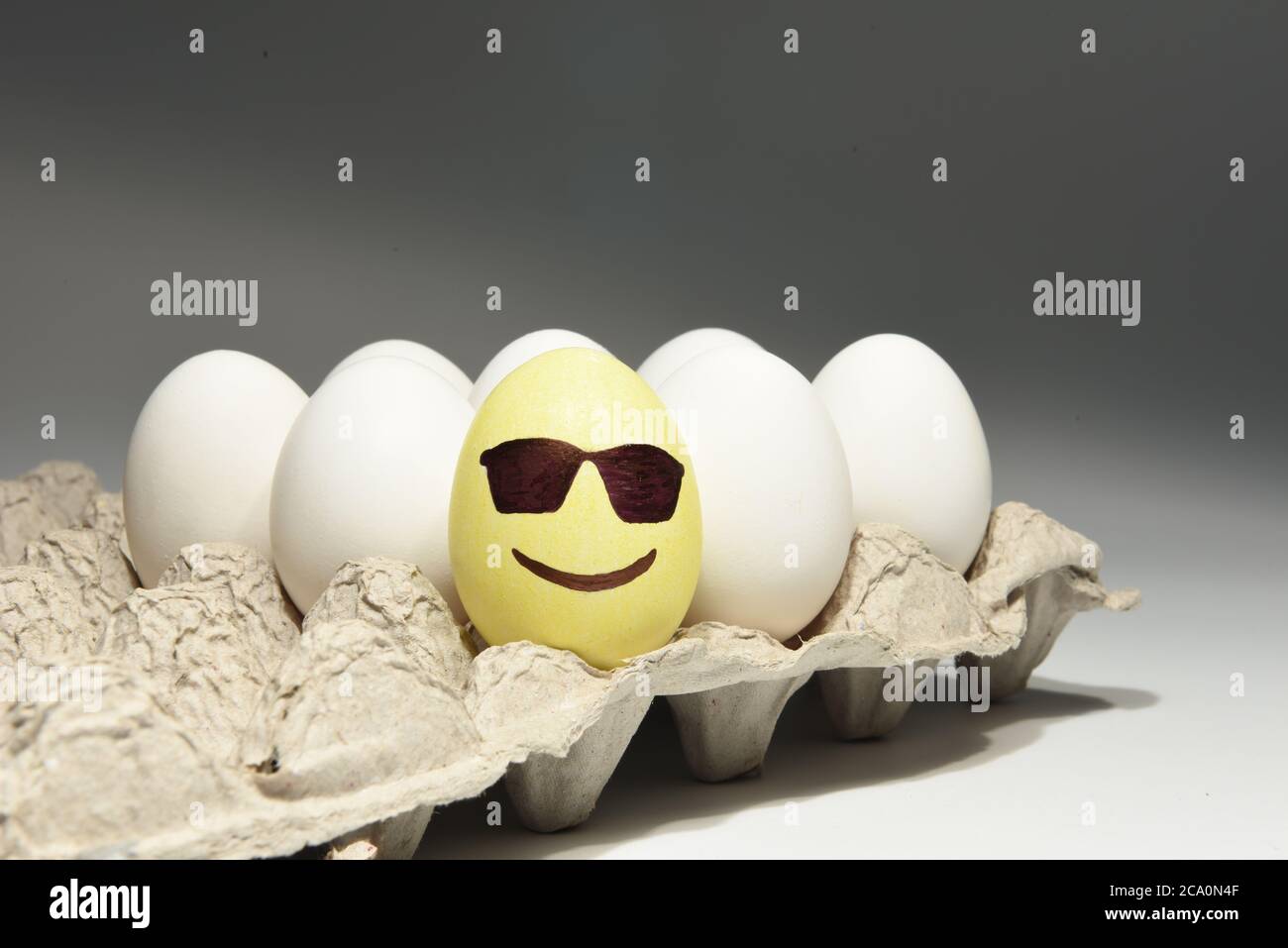 Cool smiley face emoji with dark sunglasses on egg shell Stock Photo