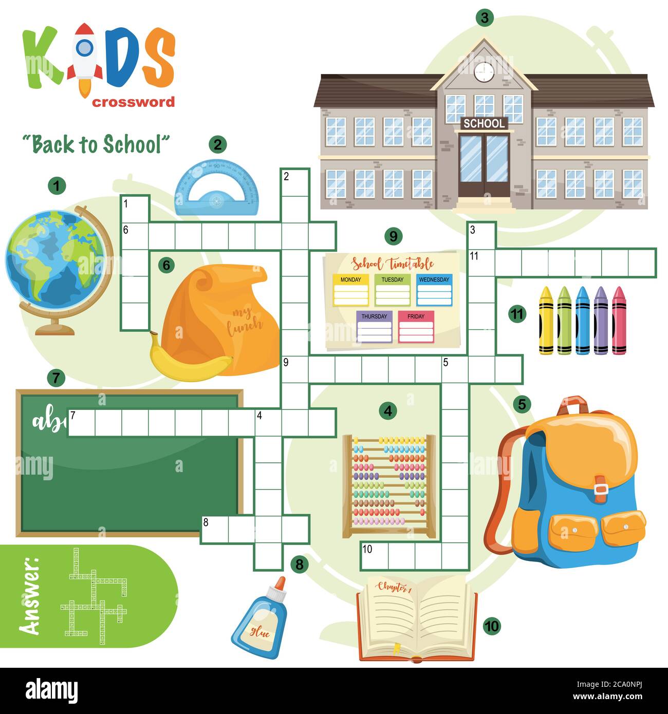 Easy crossword puzzle 'Back to school', for children in elementary and middle school. Fun way to practice language comprehension and expand vocabulary Stock Vector