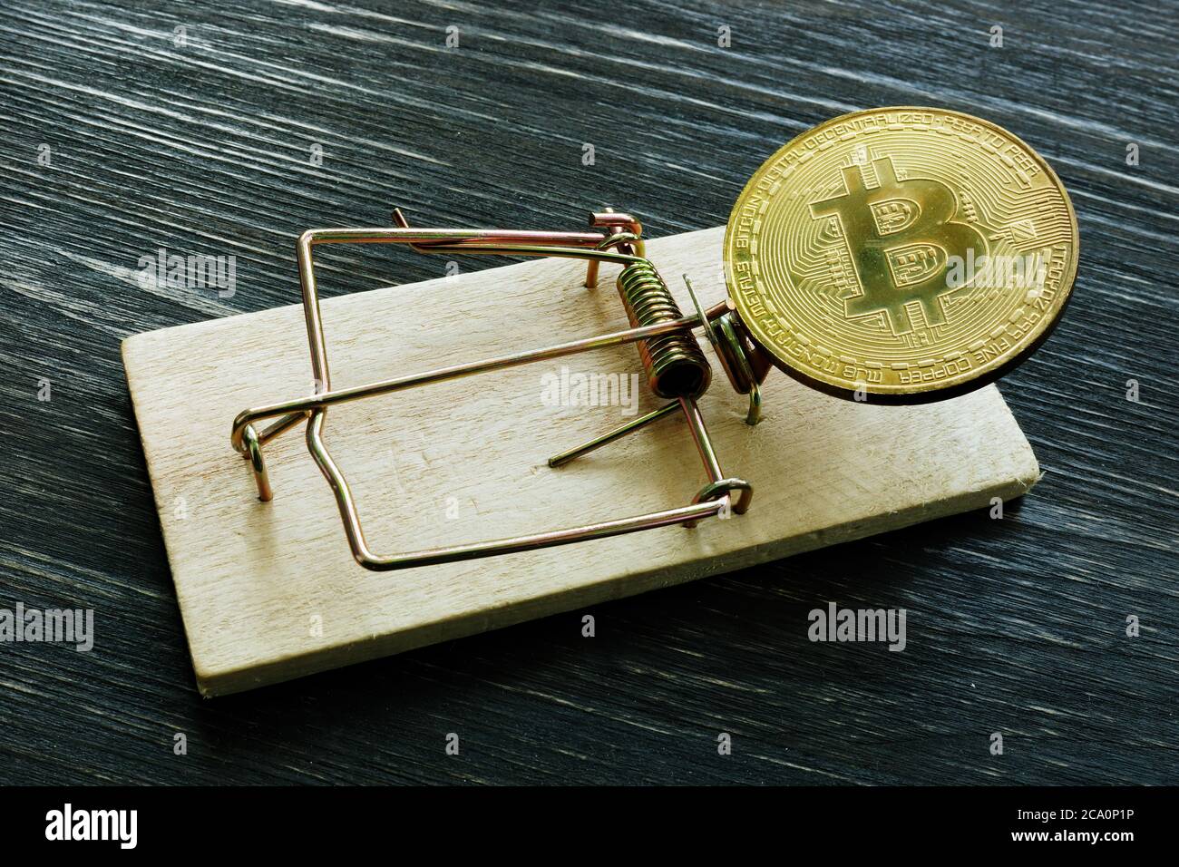 Mousetrap and bitcoin coin. Cryptocurrency scam or fraud concept. Stock Photo
