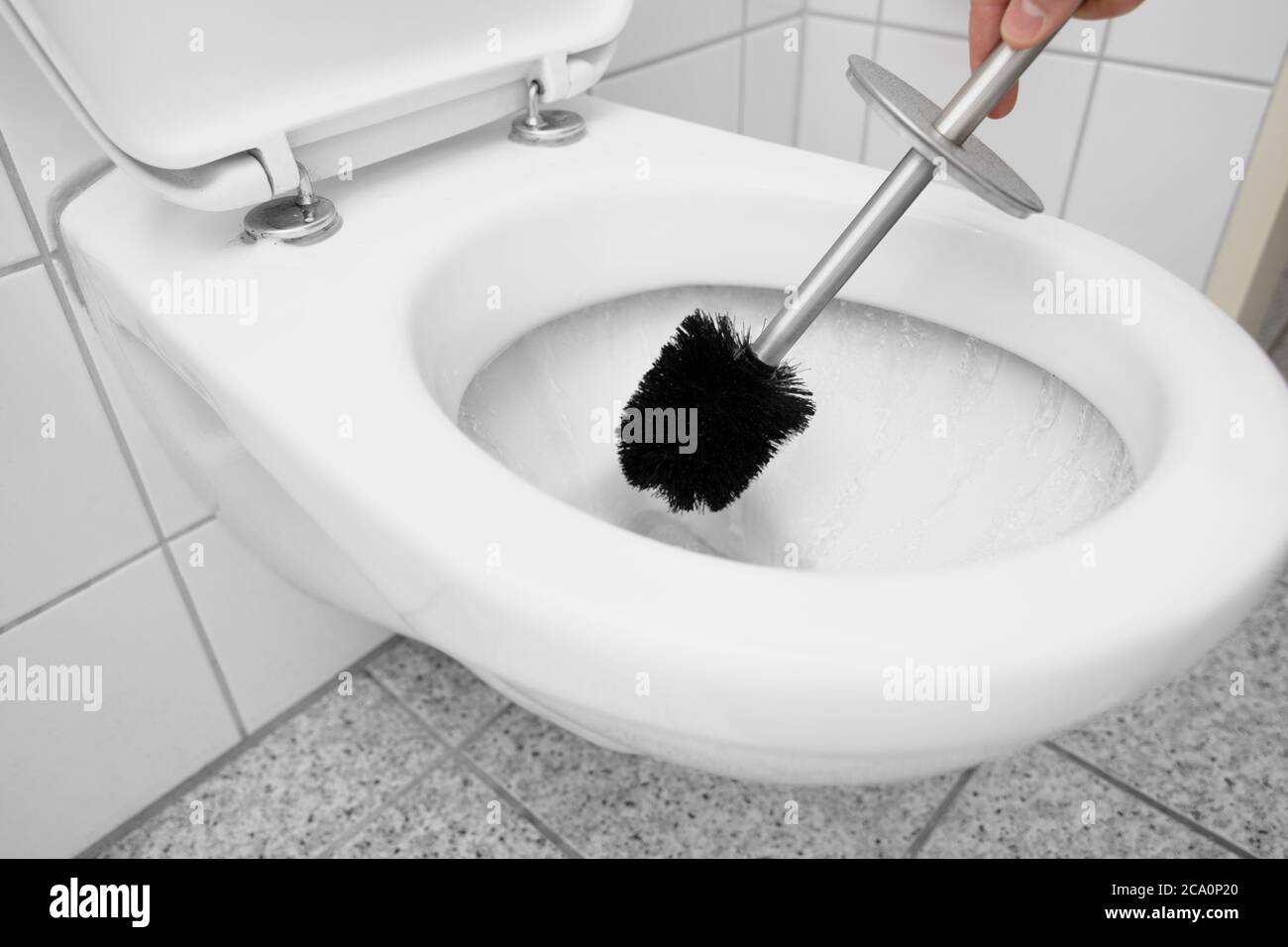 how to clean a toilet with a toilet brush while flushing the water