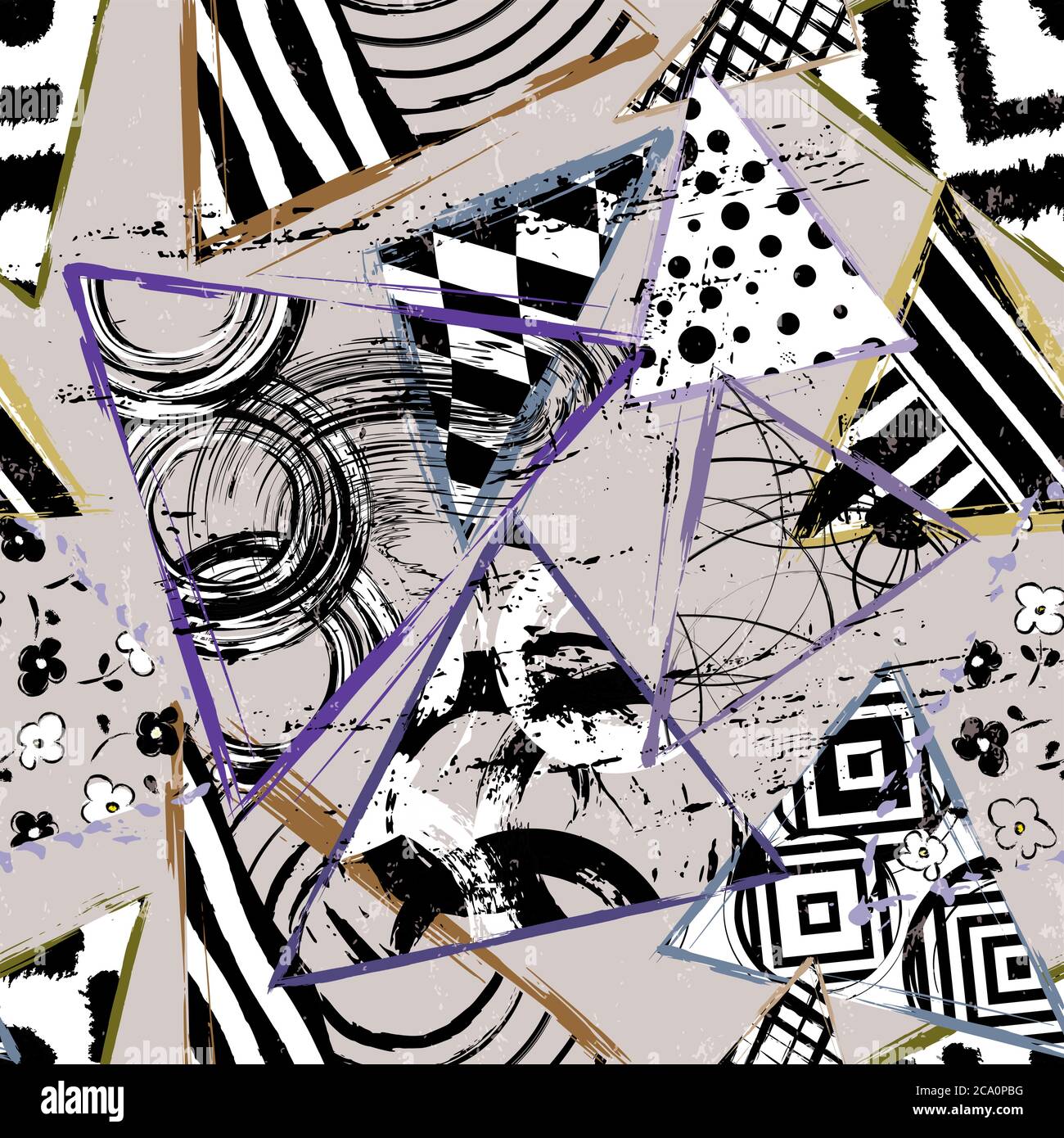 seamless background pattern, with triangles, circles, paint strokes and splashes, black and white Stock Vector