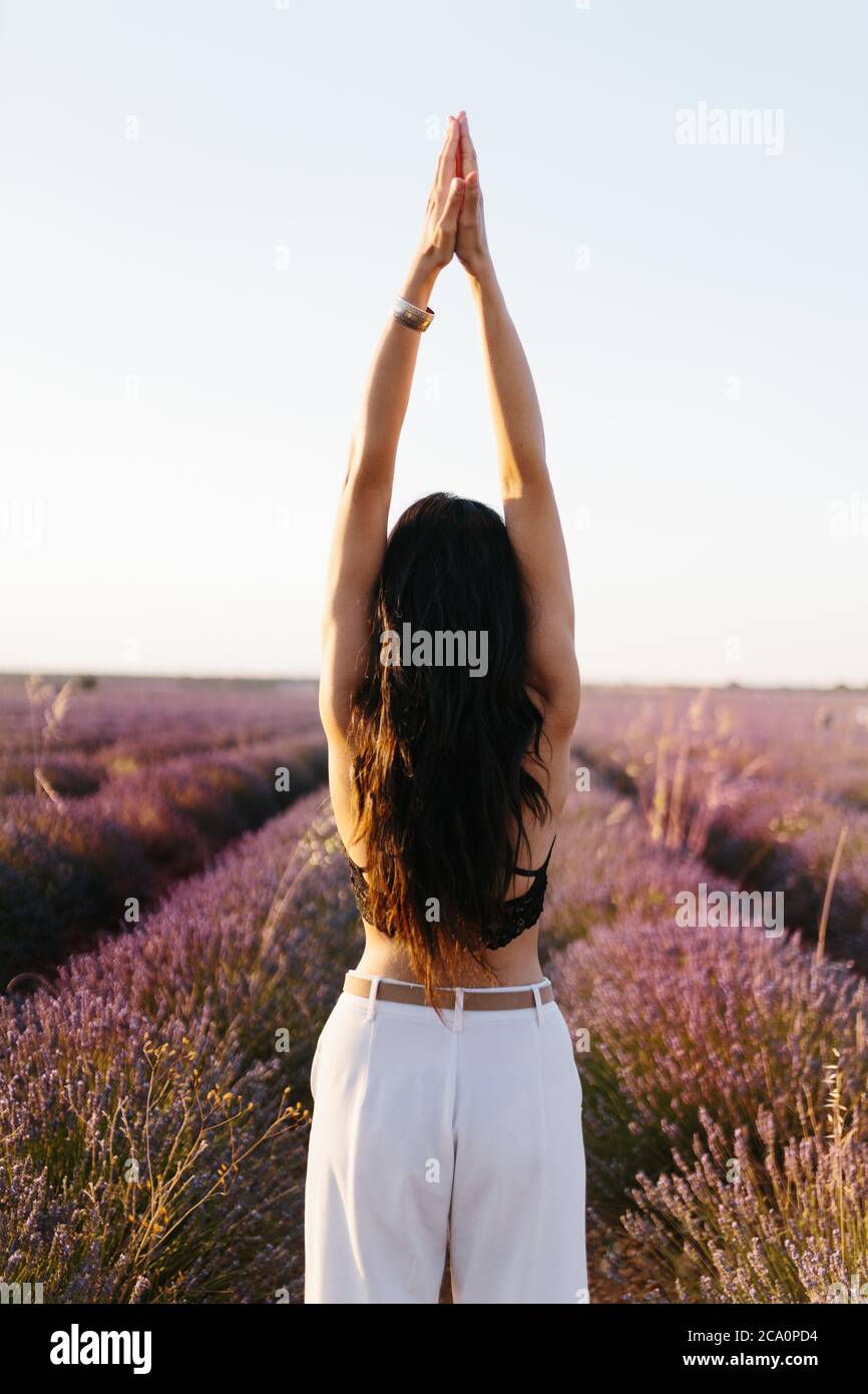 Brunette woman on her back stretching her in lavender field Stock Photo