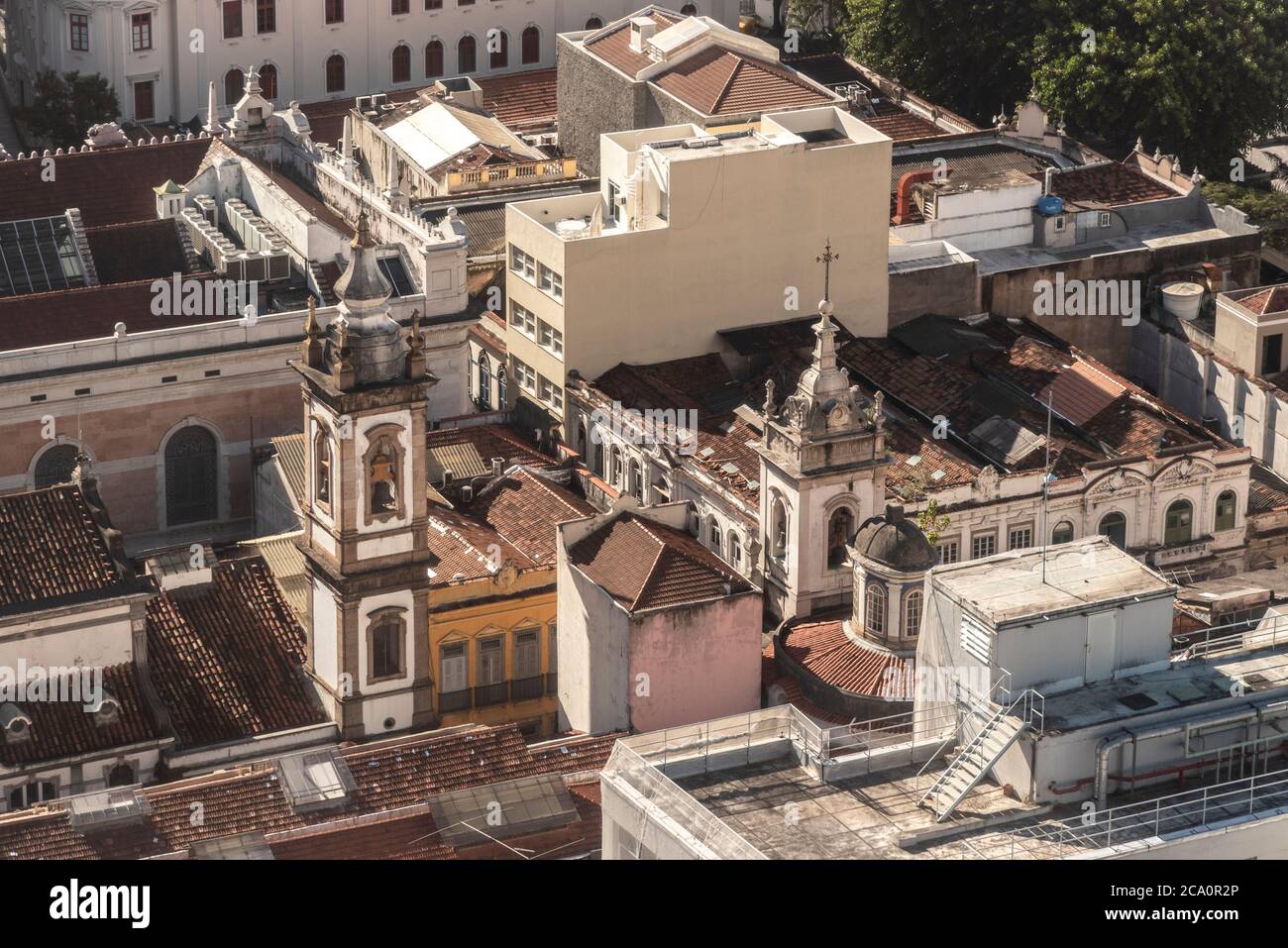 View to historic building towers and other modern buildings in downtown ...