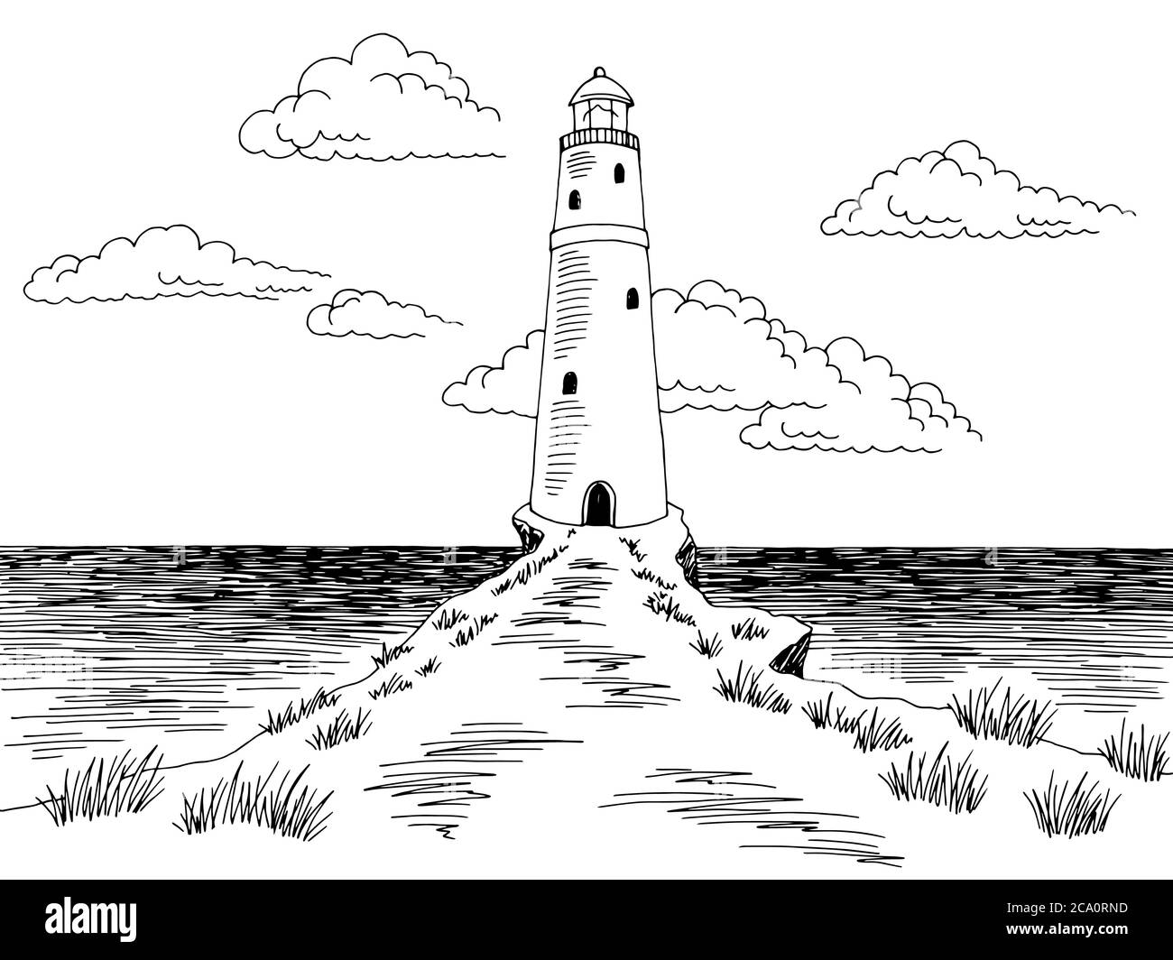Lighthouse sea coast graphic black white landscape sketch illustration vector Stock Vector