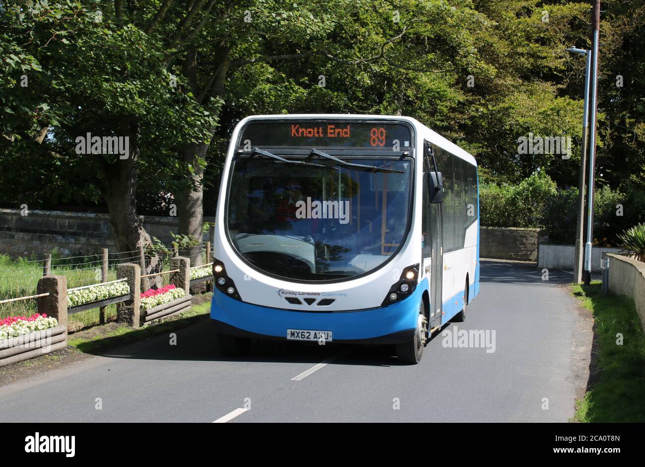 Kirkby Lonsdale Coach hire Wright StreetLite bus on service 89 from Lancaster to Knott End on 24th July 2020 seen on School Lane in Pilling. Stock Photo
