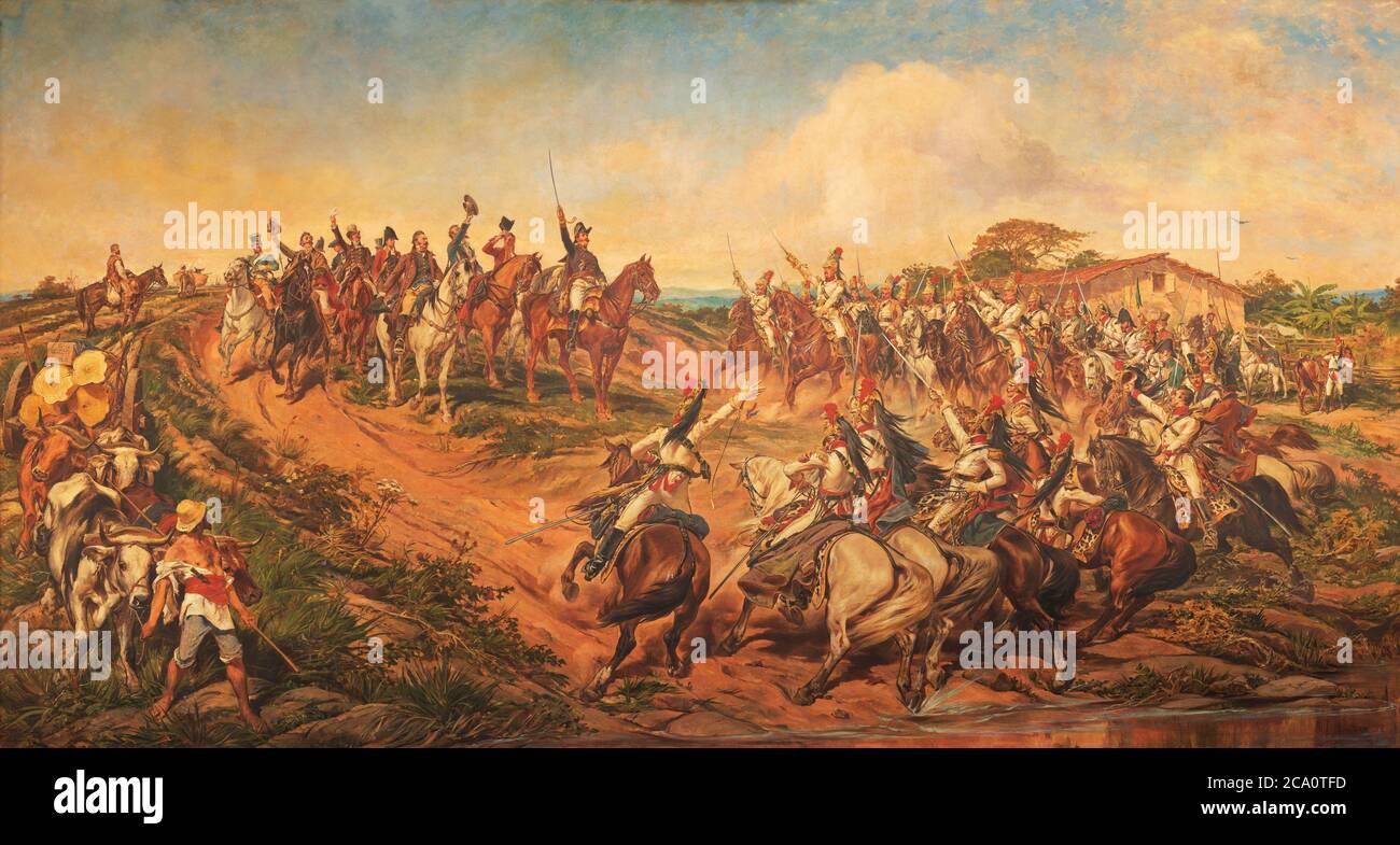 Painting Independence or Death by Pedro Américo. Declaration of Brazil's independence. His Guard of Honour greets him in support while some discard blue and white armbands that represented loyalty to Portugal. The 1888 painting Independence or Death, also known as the Cry of Ipiranga, the main artwork representing the proclamation of Brazilian independence. Stock Photo