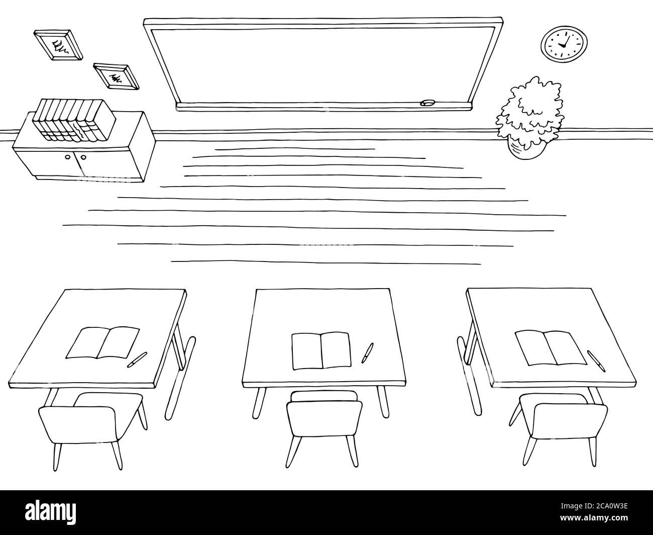 Classroom graphic black white interior top aerial view sketch illustration vector Stock Vector