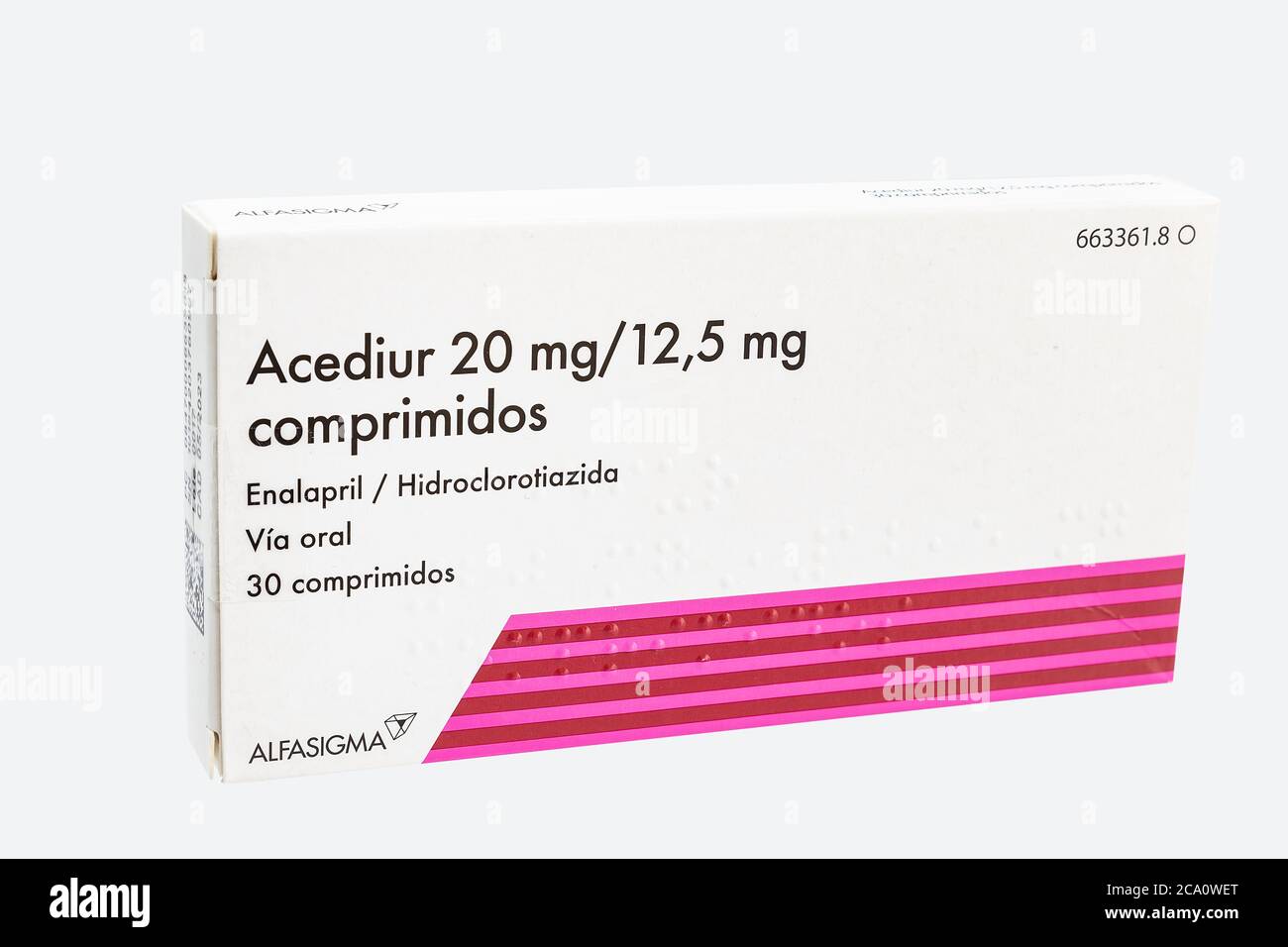 Huelva, Spain - July 23, 2020: Box of a combination of Enalapril Maleate and Hydrochlorothiazide, brand Acediur. Treatment of essential hypertension. Stock Photo
