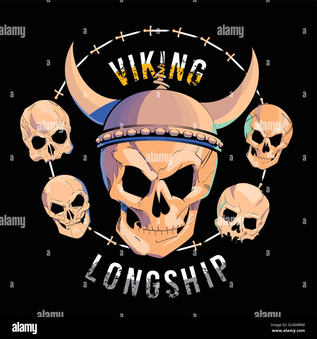 vector illustration of a skull with viking helmet surrounded by small skulls on black background. Head drawing for t-shirts or posters. Stock Vector
