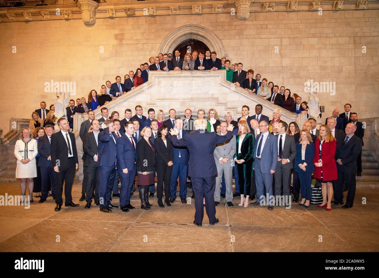 British Prime Minister Boris Johnson meets his new MP's in the Westminster Hall in the Houses of Parliament Stock Photo