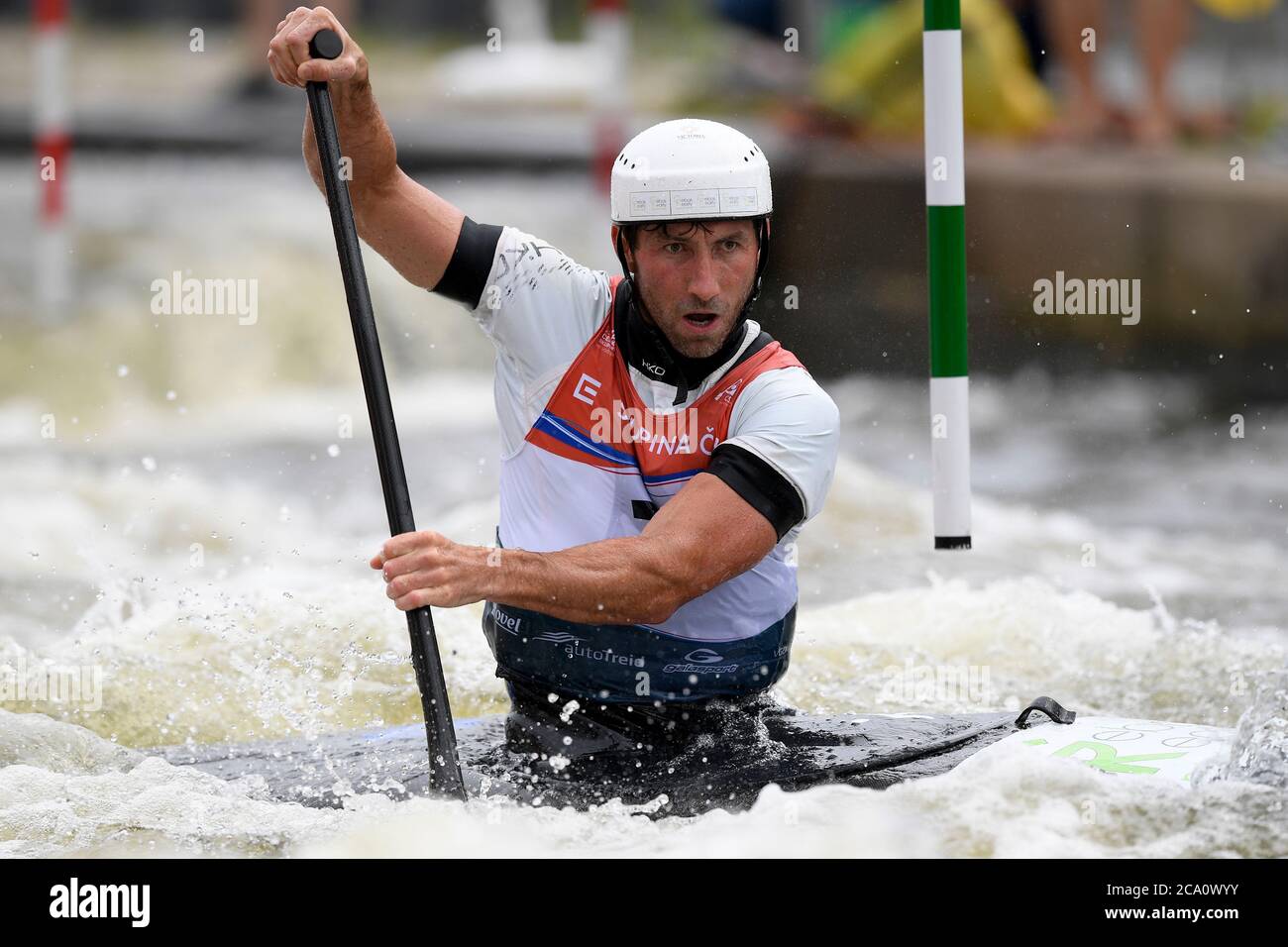 Prague, Czech Republic. 02nd Aug, 2020. Vitezslav Gebas of Czech Republic competes in the men's C-1 canoe slalom final at the Czech Cup in Prague-Troja, Czech Republic, August 2, 2020. Vitezslav Gebas, 36 years old Czech canoeist, ended his career. Four years ago in Rio de Janeiro, the canoeist had a medal from the canoe race within reach, finishing fourth with a loss of 13 hundredths of a second to the bronze position. Credit: Ondrej Deml/CTK Photo/Alamy Live News Stock Photo