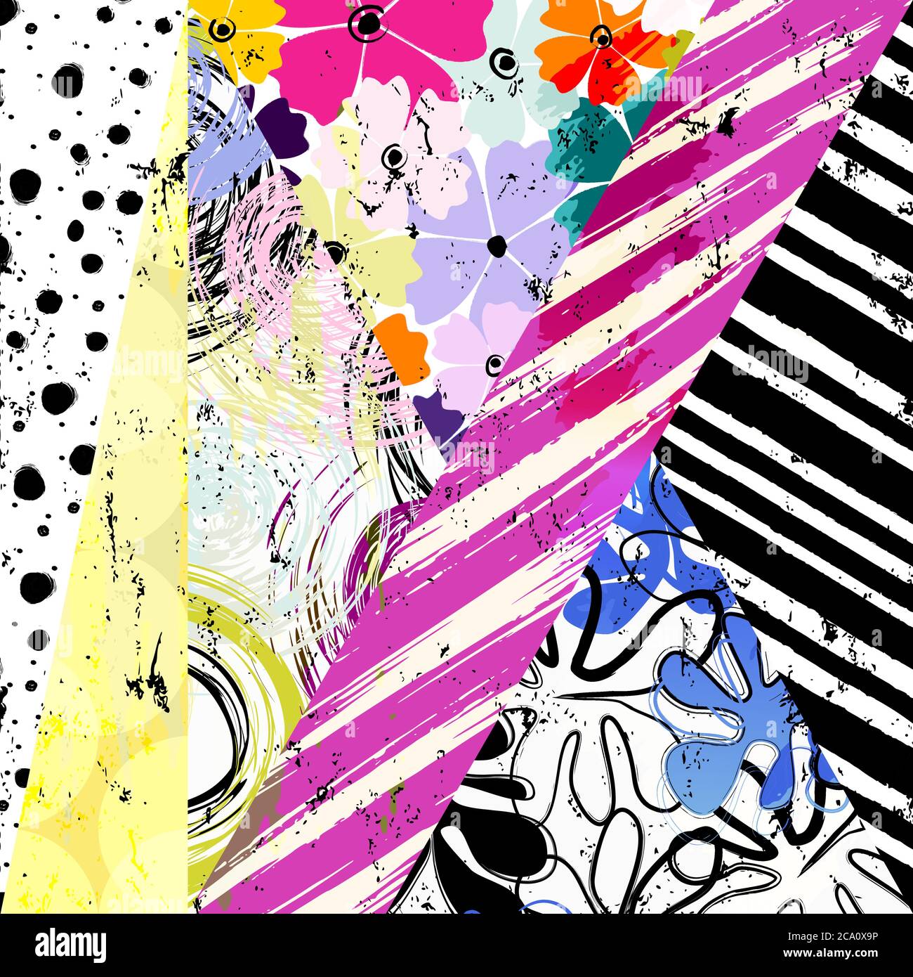 abstract geometric background pattern, with triangles, circles, flowers, paint strokes and splashes Stock Vector
