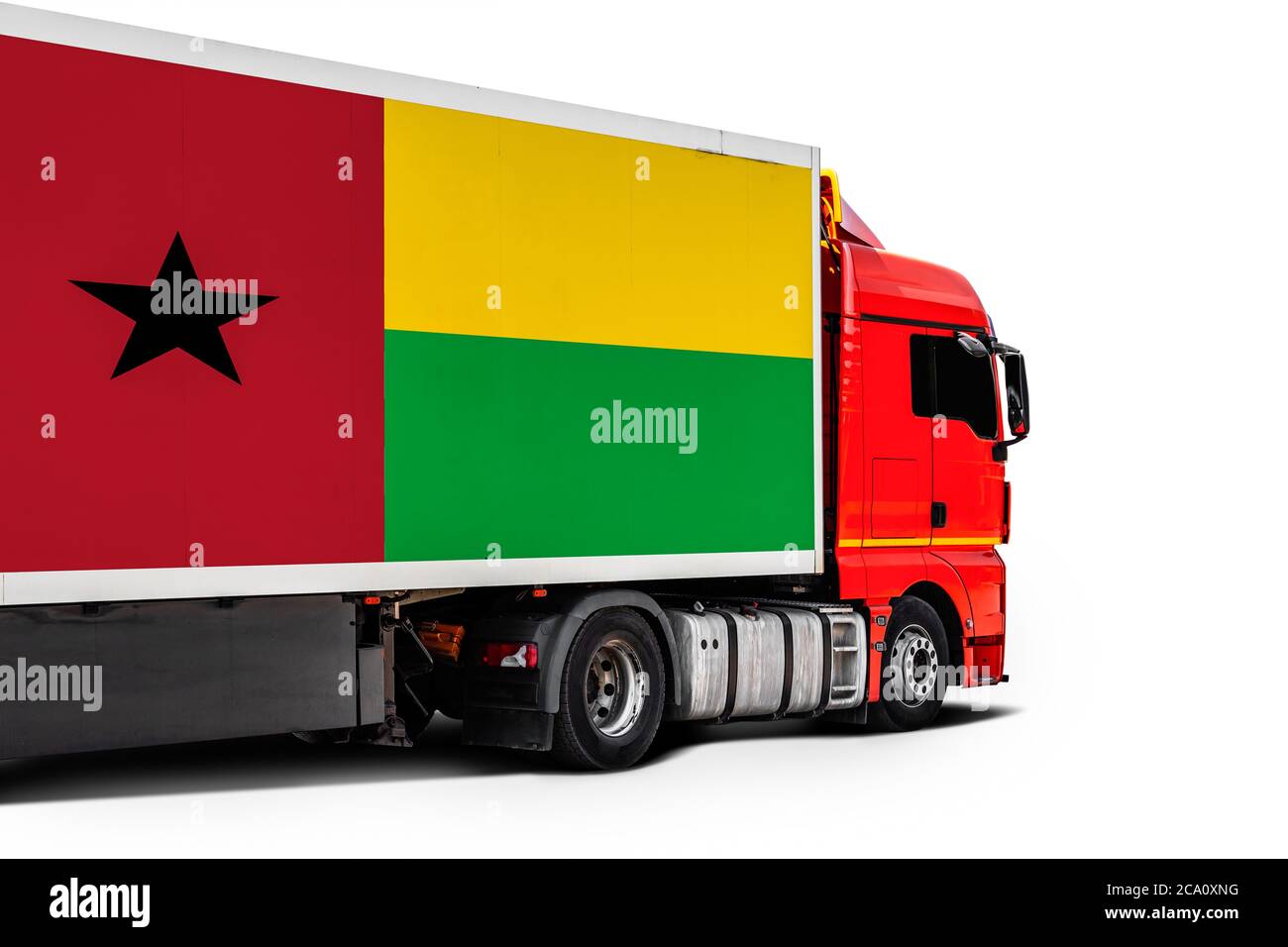 Big truck with the national flag of Guinea Bissau on white isolated