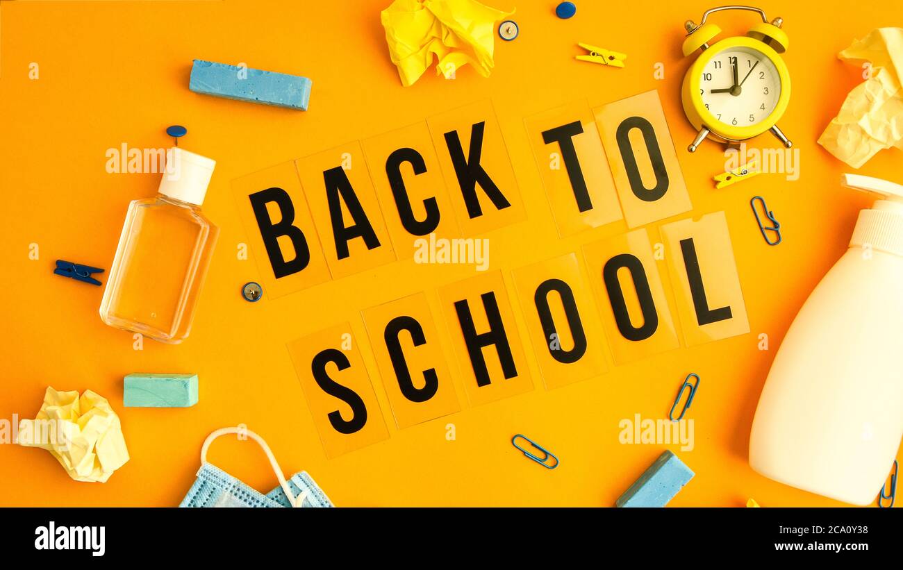 Text Back To School On Yellow Background With School Supplies Protective Face Mask And Sanitizer Antiseptic New Normal School Quarantine Concept Stock Photo Alamy Text Back To School On Yellow Background With School Supplies Protective Face Mask And Sanitizer Antiseptic New Normal School Quarantine Concept Stock Photo Alamy