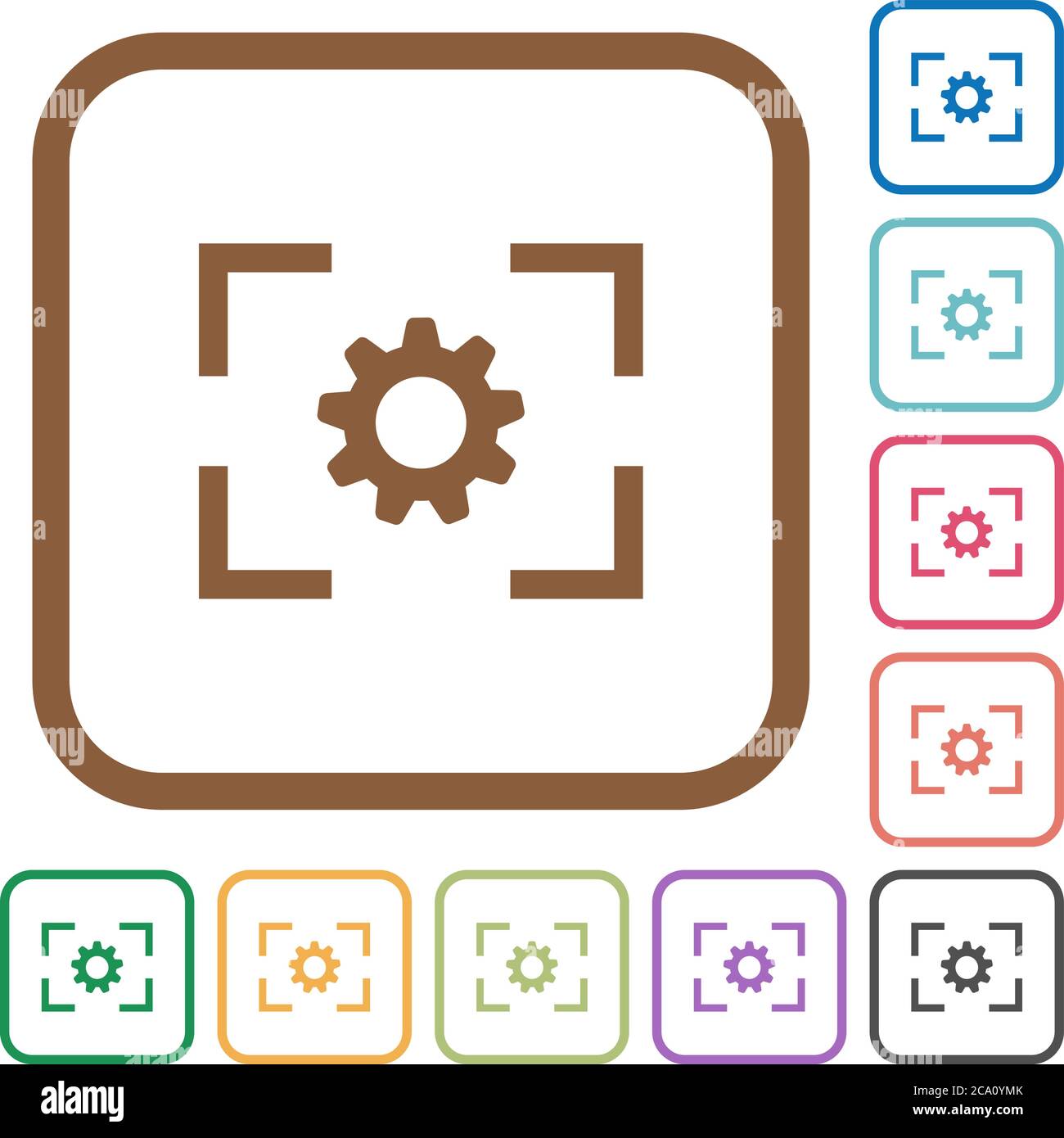 Camera setting simple icons in color rounded square frames on white ...