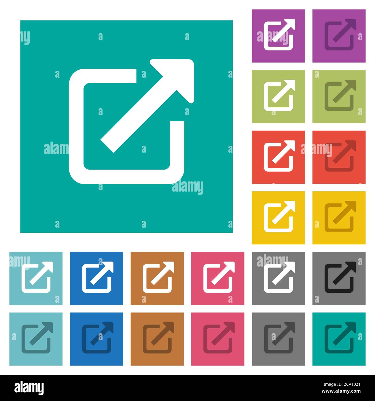 External link multi colored flat icons on plain square backgrounds. Included white and darker icon variations for hover or active effects. Stock Vector