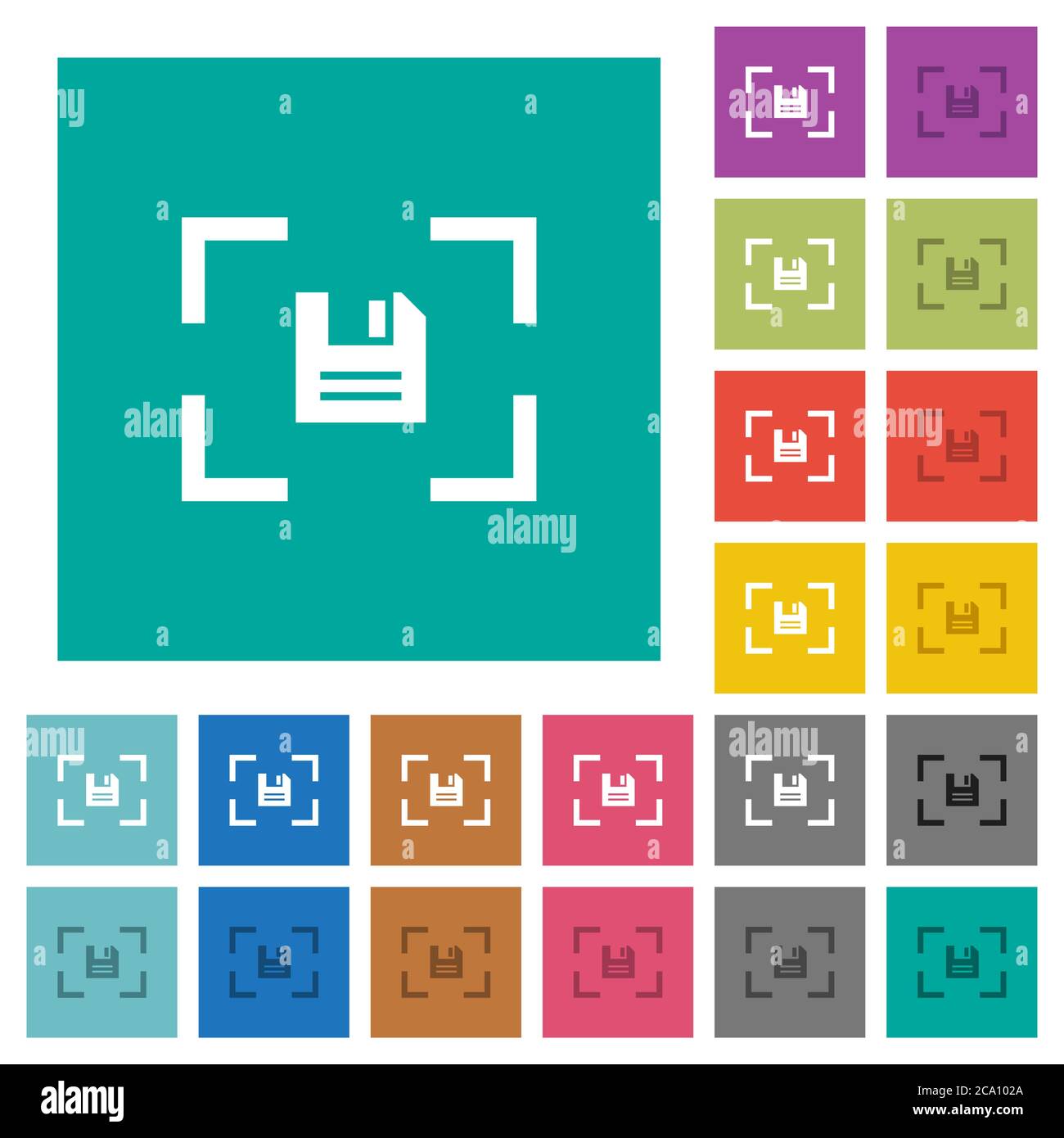 Camera save image multi colored flat icons on plain square backgrounds. Included white and darker icon variations for hover or active effects. Stock Vector