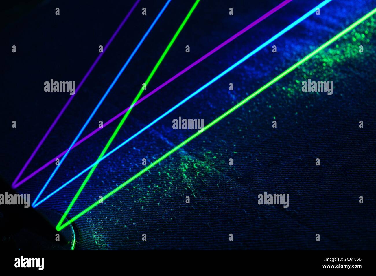 Line of parallel laser beams hitting a mirror and being reflected back