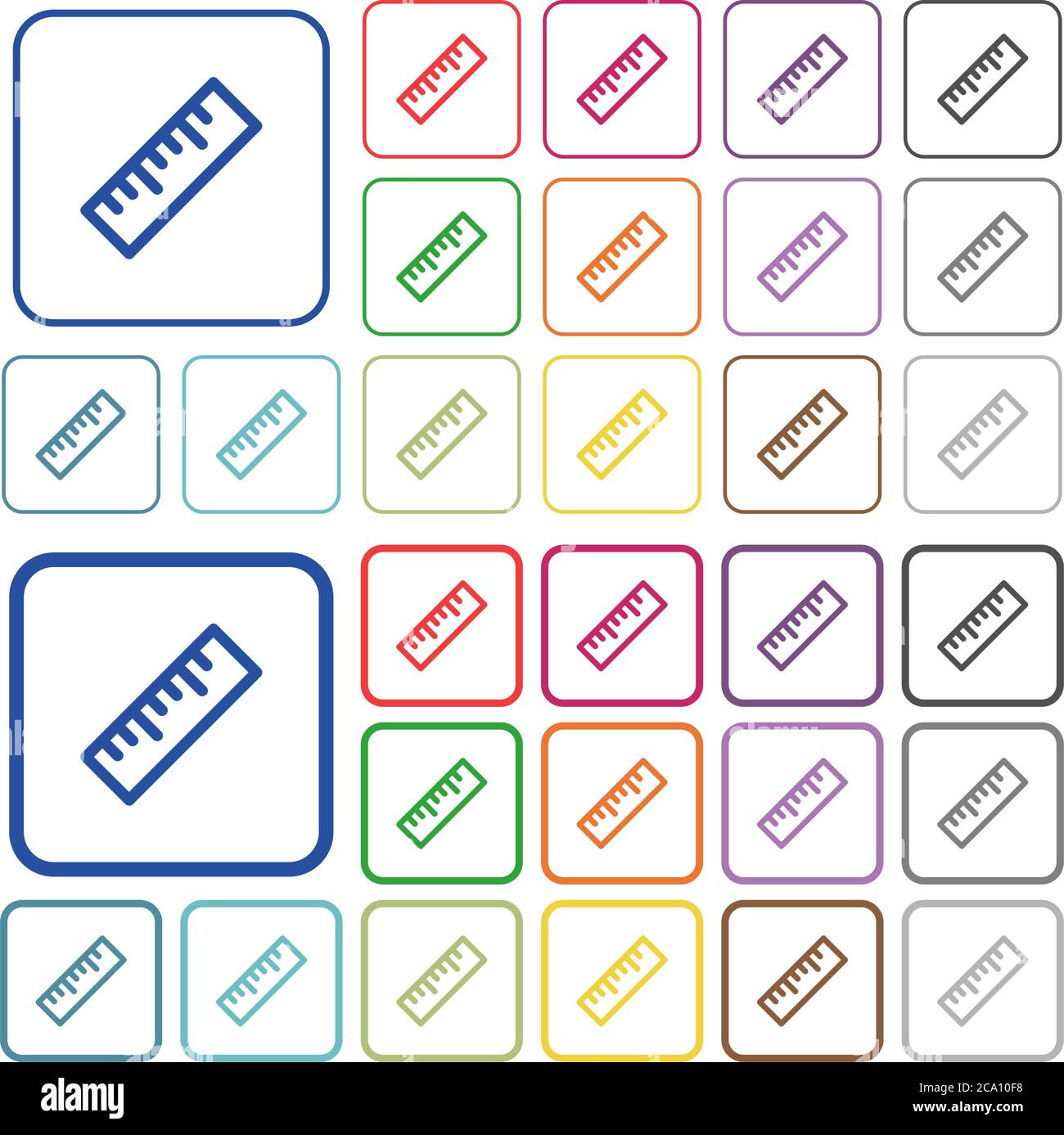 Ruler color flat icons in rounded square frames. Thin and thick ...