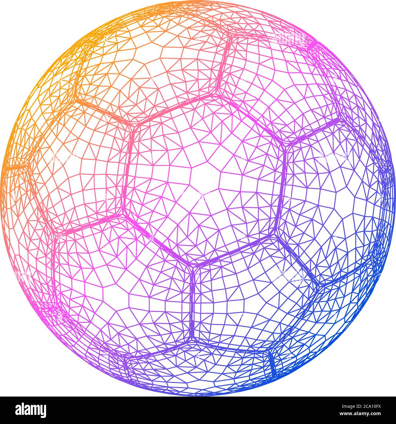 Soccer ball colorful wireframe grid. Futuristic sports poster template. Football vector illustration. Glowing neon ball net. Stock Vector