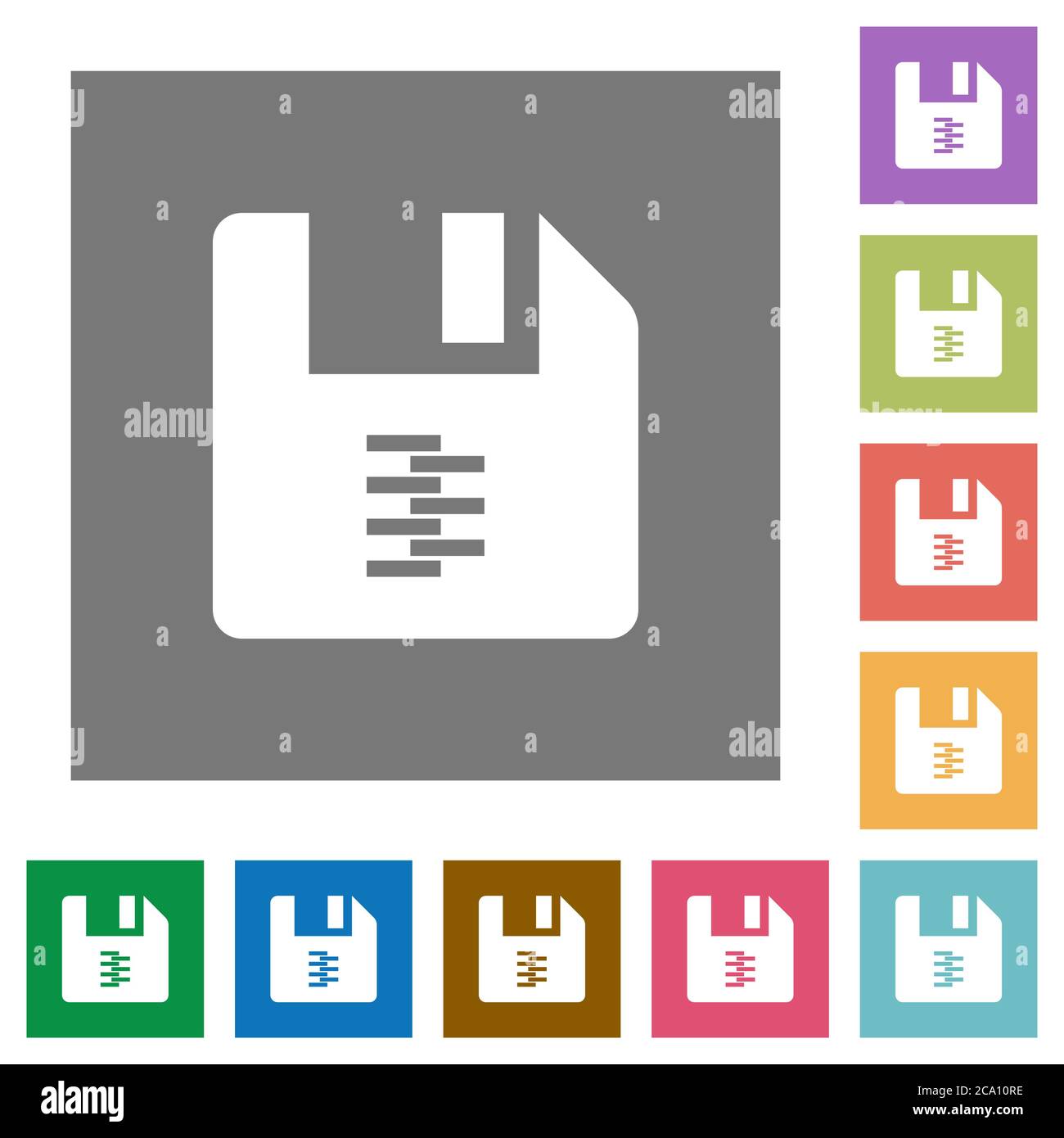 zip archive file flat icons on simple color square backgrounds Stock Vector