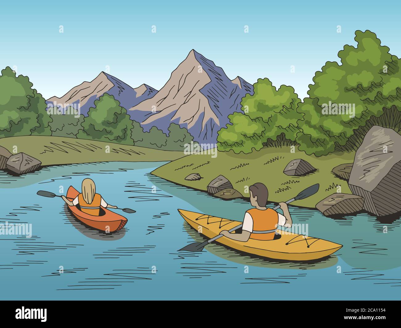 Kayak boat travel graphic color river landscape sketch illustration