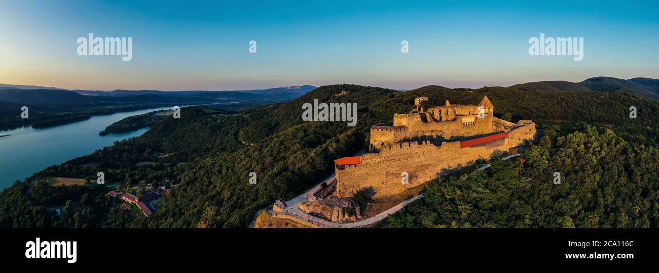 Panoramic photo of Visegrad Upper Castle and Danube river view in Hungary Stock Photo