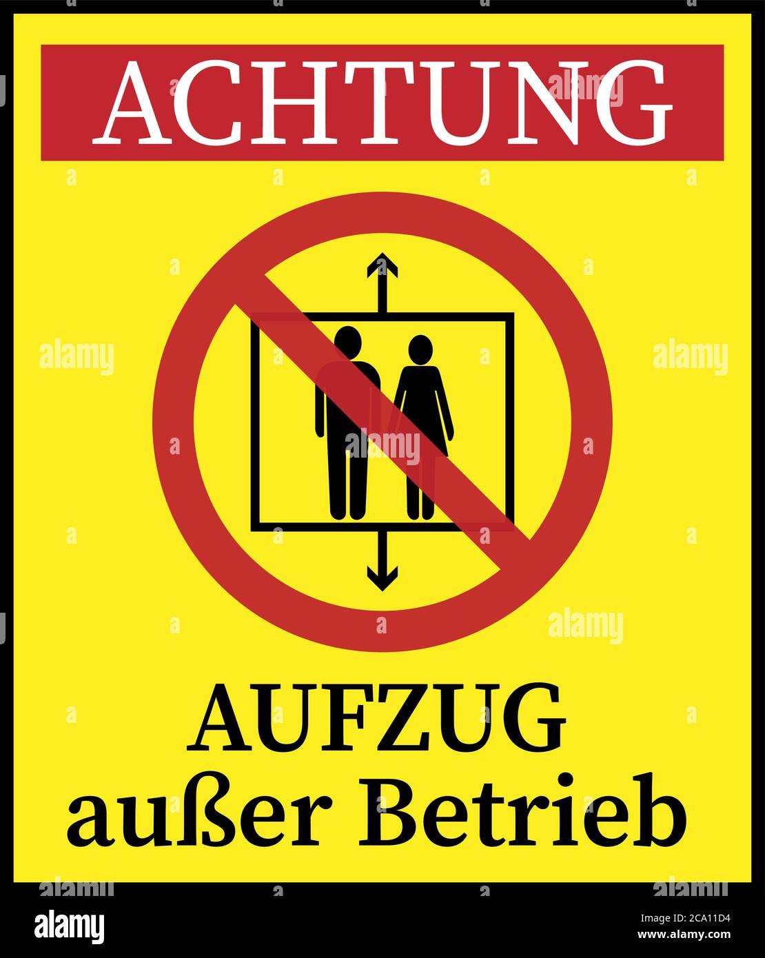 yellow sign with warning symbol and German text for ATTENTION, ELEVATOR OUT OF SERVICE vector illustration Stock Vector