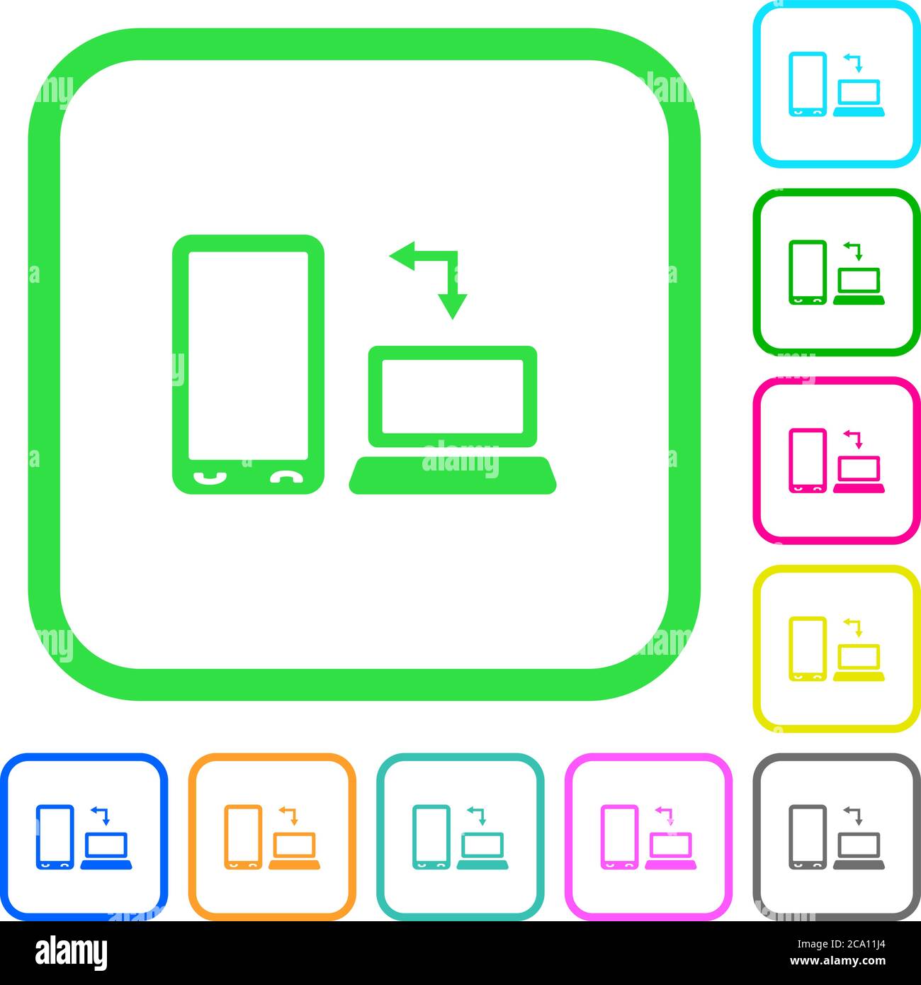 Syncronize mobile with computer vivid colored flat icons in curved borders on white background Stock Vector