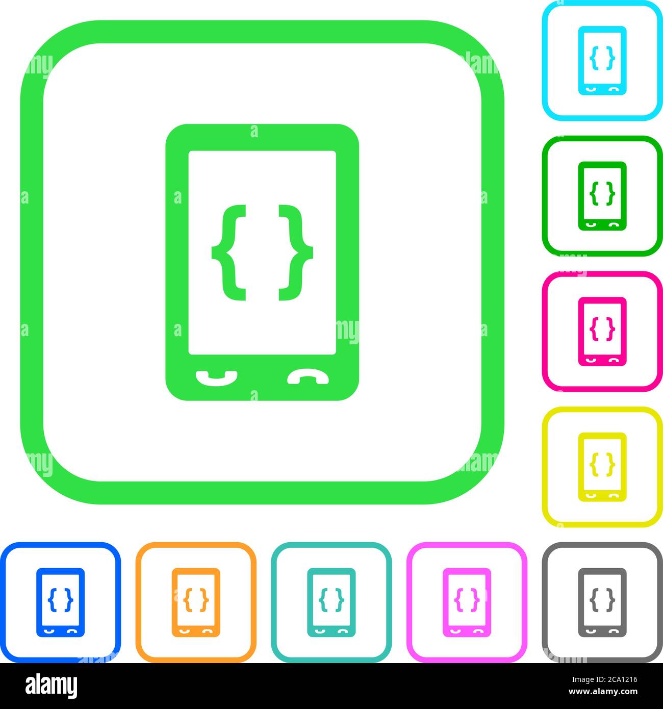 Mobile software development vivid colored flat icons in curved borders ...