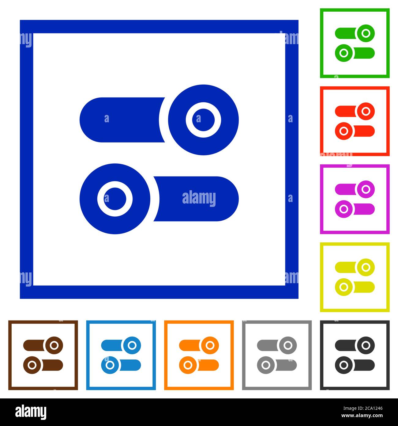 Toggle switches flat color icons in square frames on white background Stock Vector