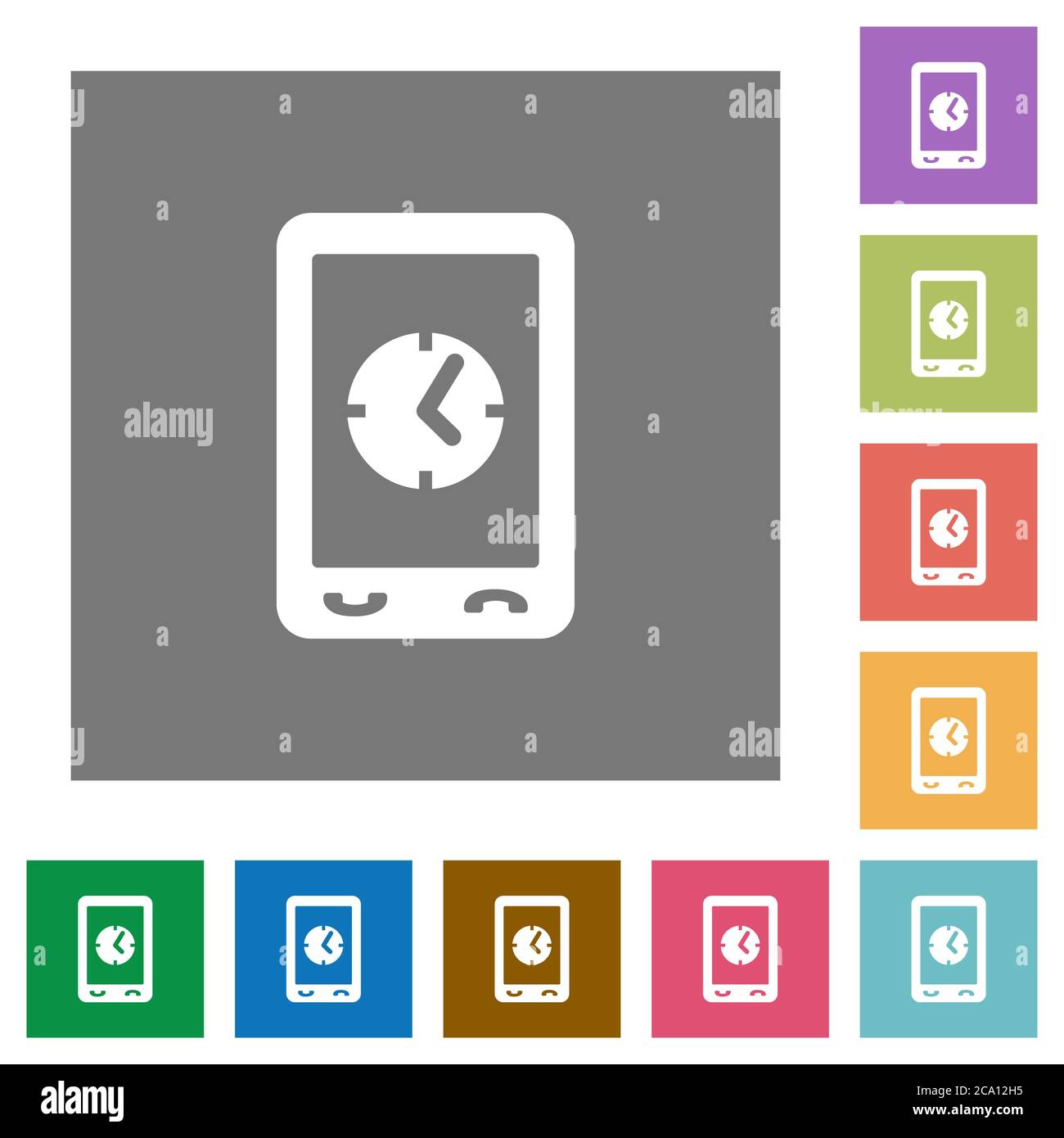 Mobile clock flat icons on simple color square backgrounds Stock Vector