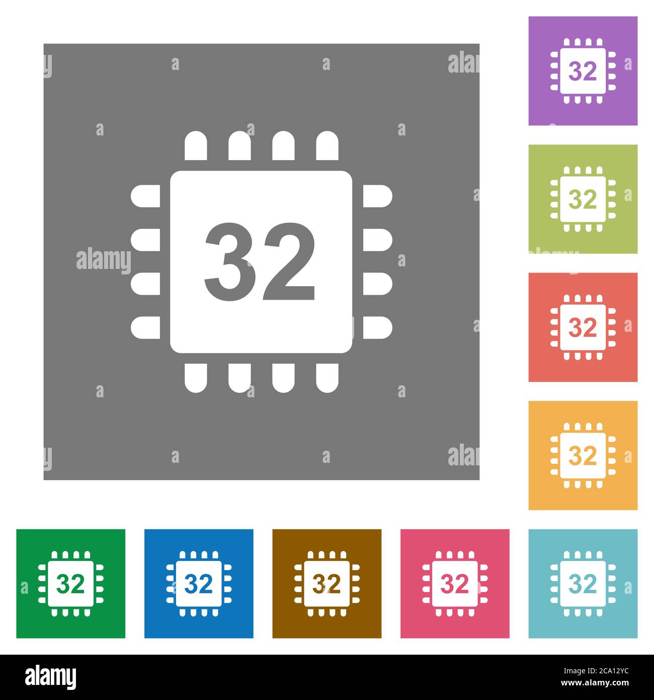 Microprocessor 32 bit architecture flat icons on simple color square backgrounds Stock Vector