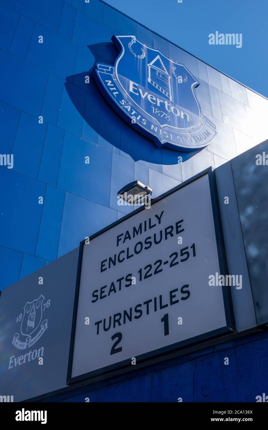Everton FC club crest and entrance to fanily enclosure Goodison Park in Liverpool May 2020 Stock Photo