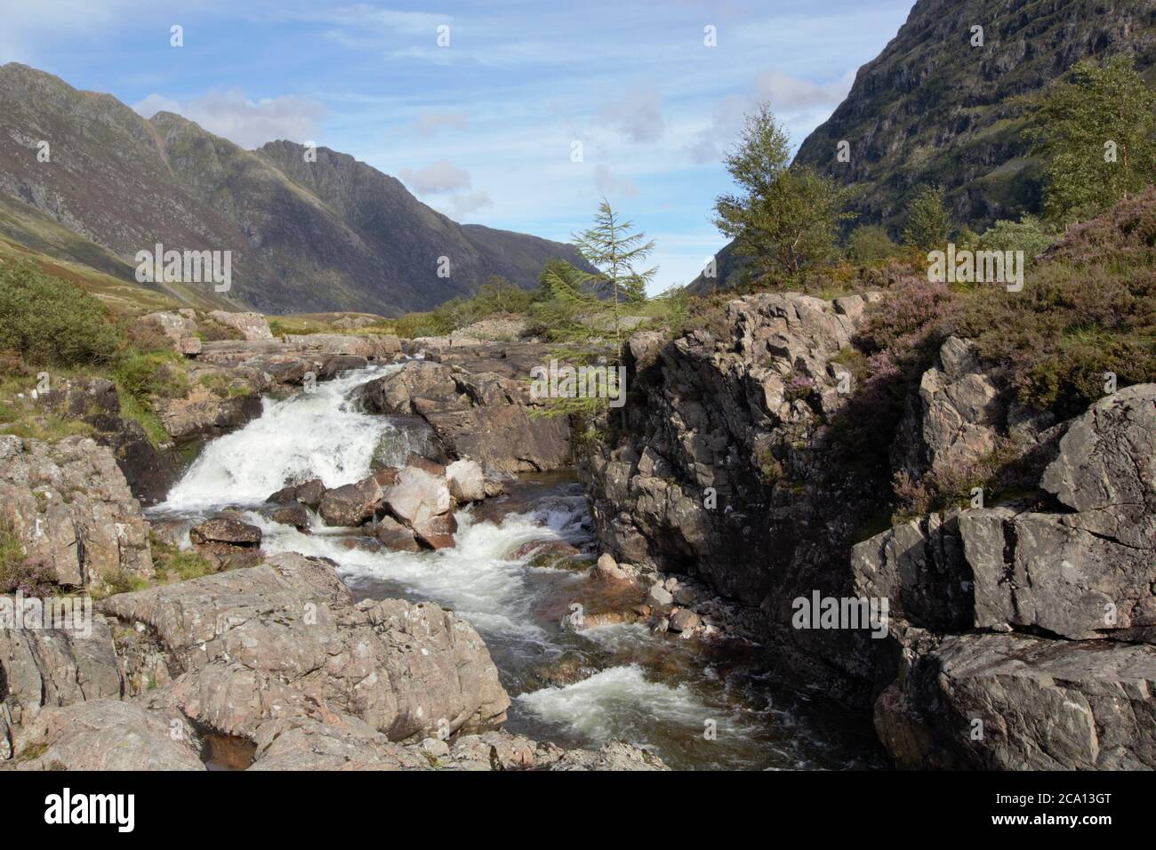 River Coe in Glencoe village in Scottish Highlands in Summer, Scotland, Great Britain Stock Photo
