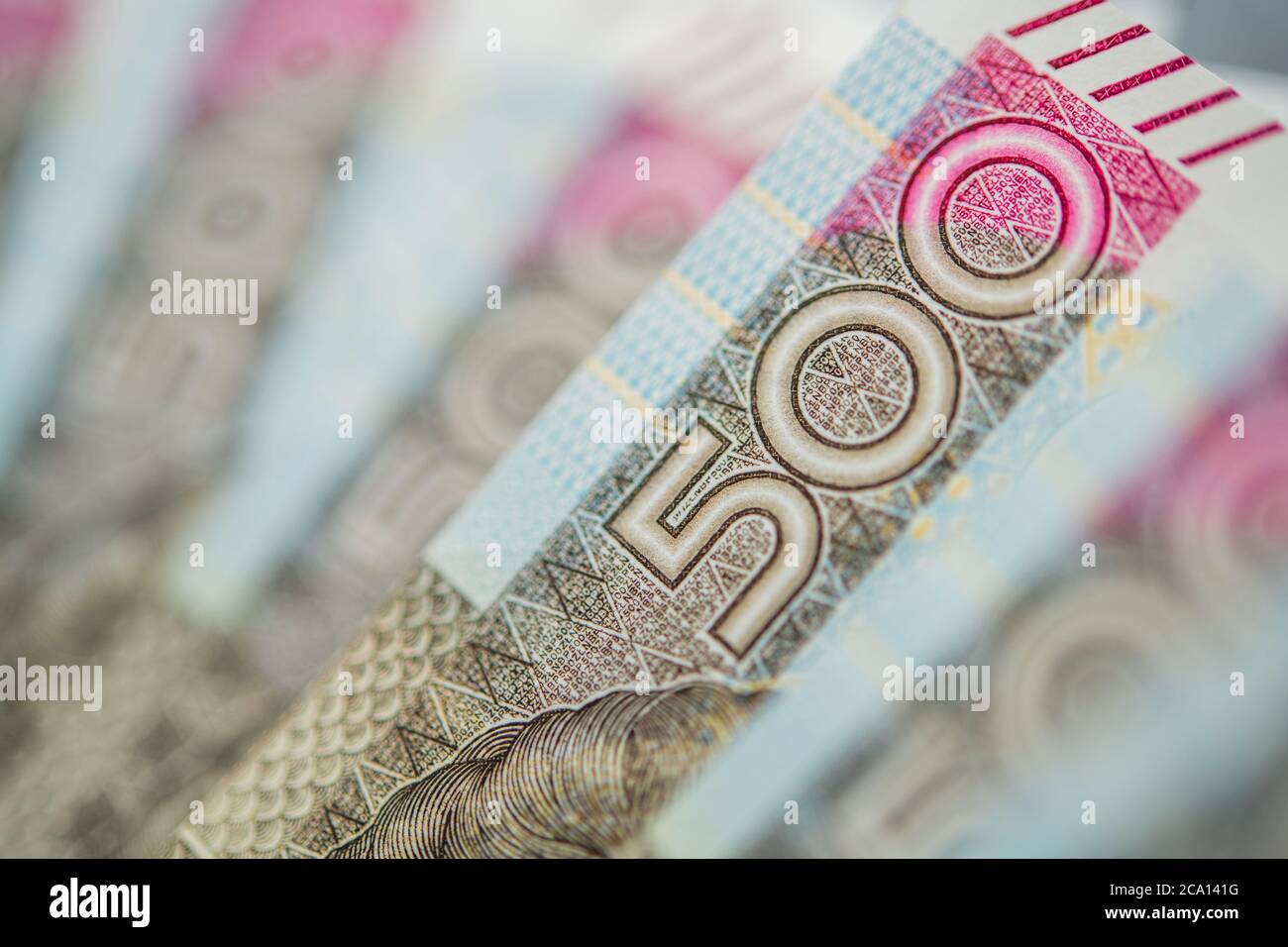 Polish Currency. Five Hundred Polish Zlotych Banknotes Macro Close Up. Republic of Poland. Stock Photo