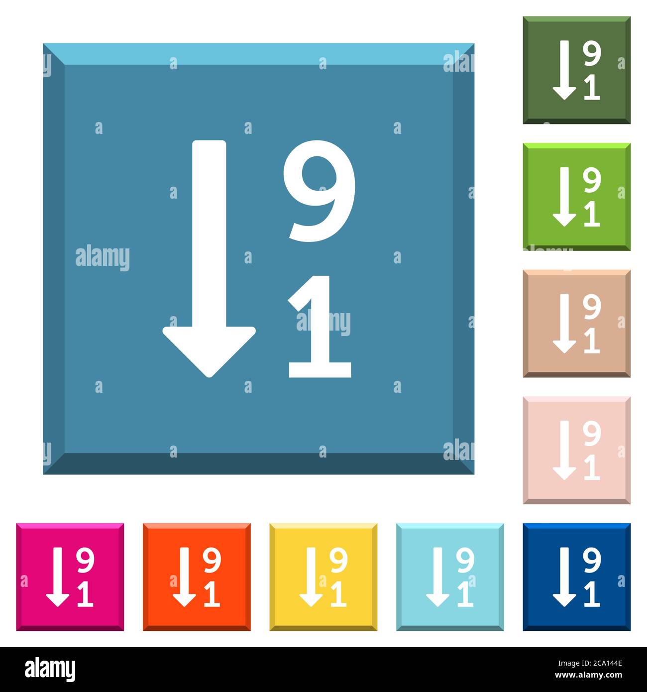 Descending numbered list white icons on edged square buttons in various ...